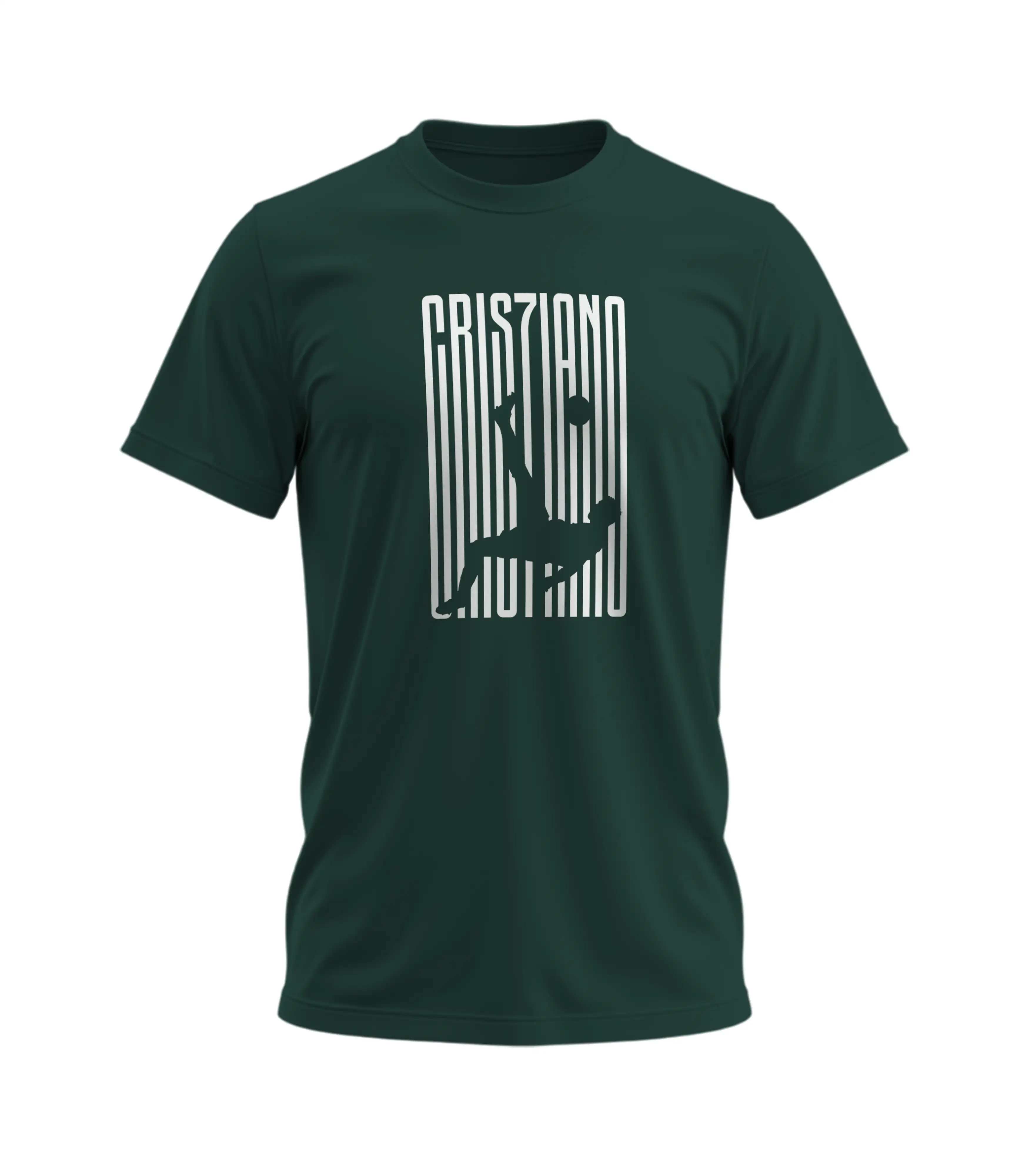 Green t-shirt with white graphic design on a white background
