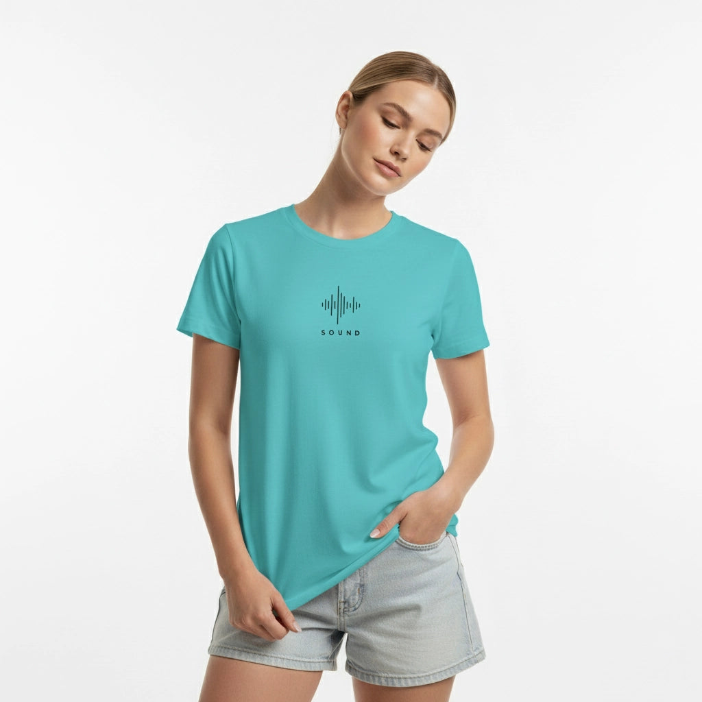 Woman wearing a turquoise t-shirt with a black graphic and text on a white background