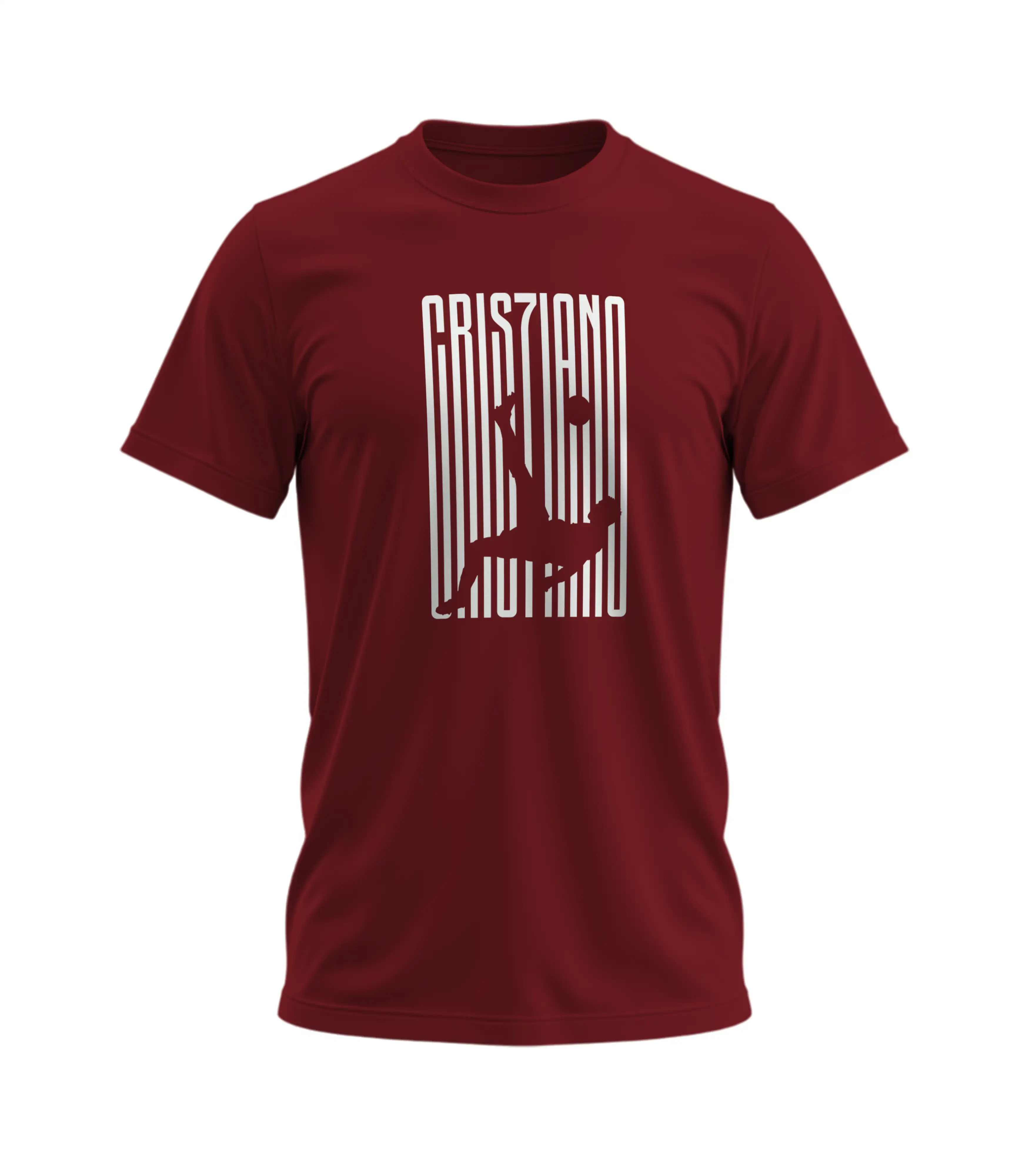 Maroon t-shirt with white graphic design on a white background