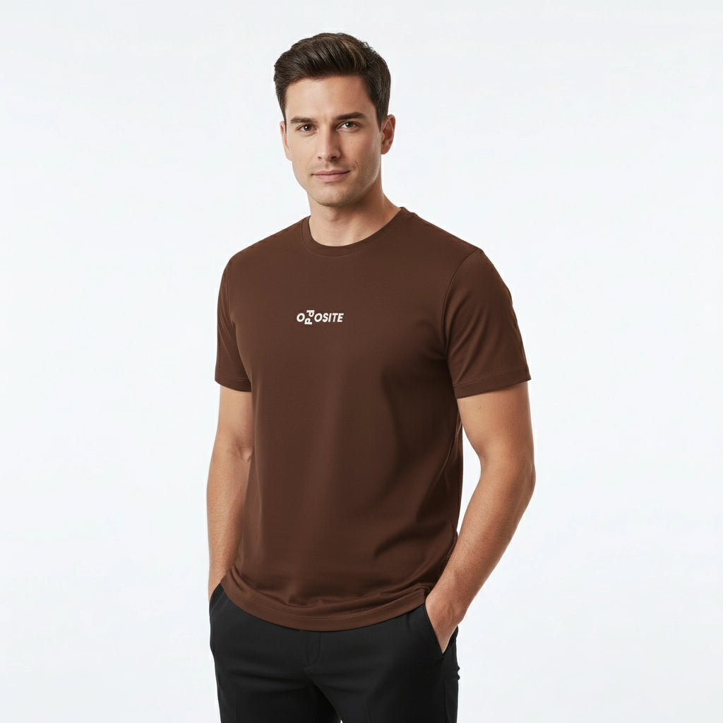 Man wearing a brown t-shirt with a logo on a white background