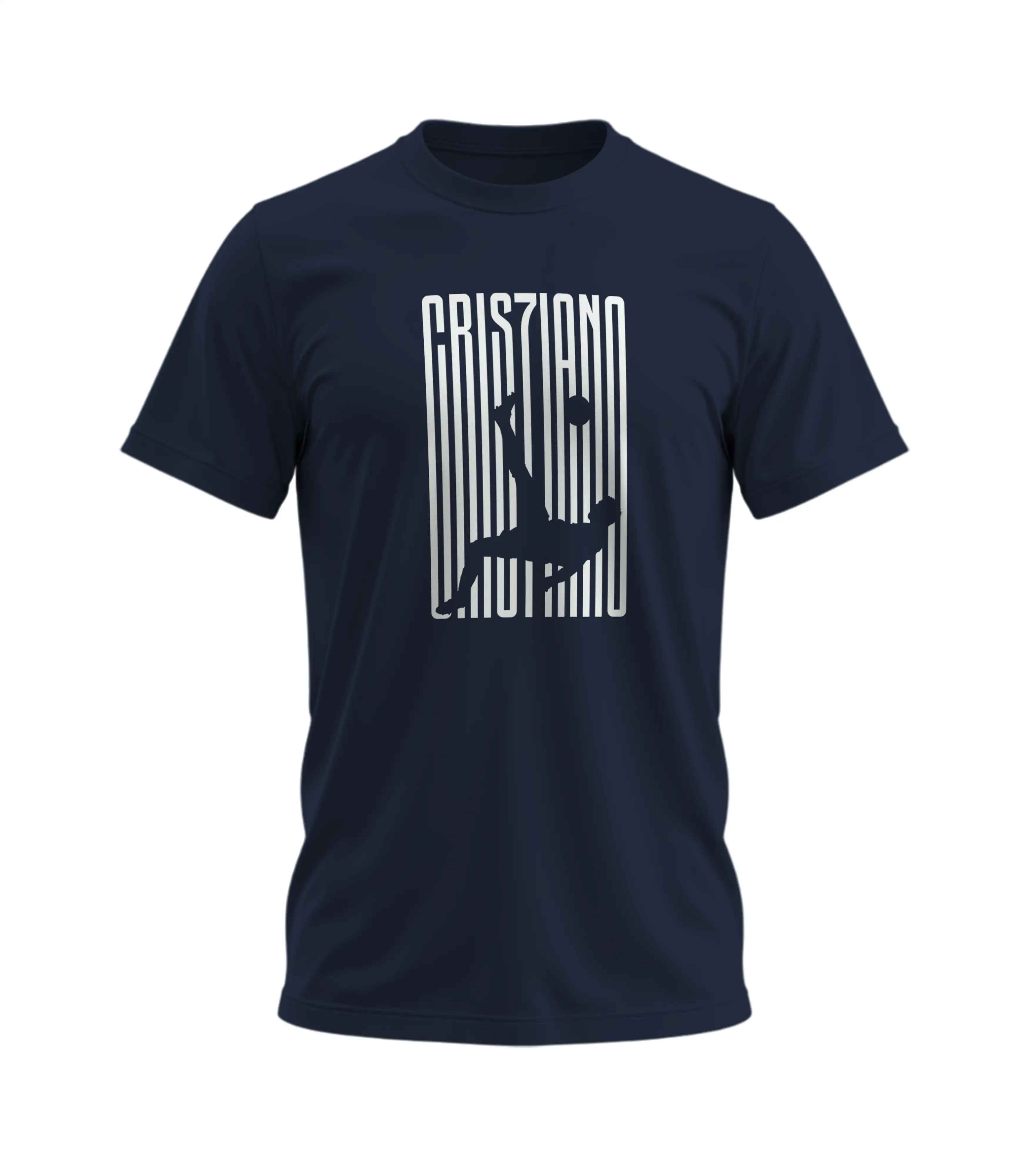 Navy blue t-shirt with white graphic design on a white background