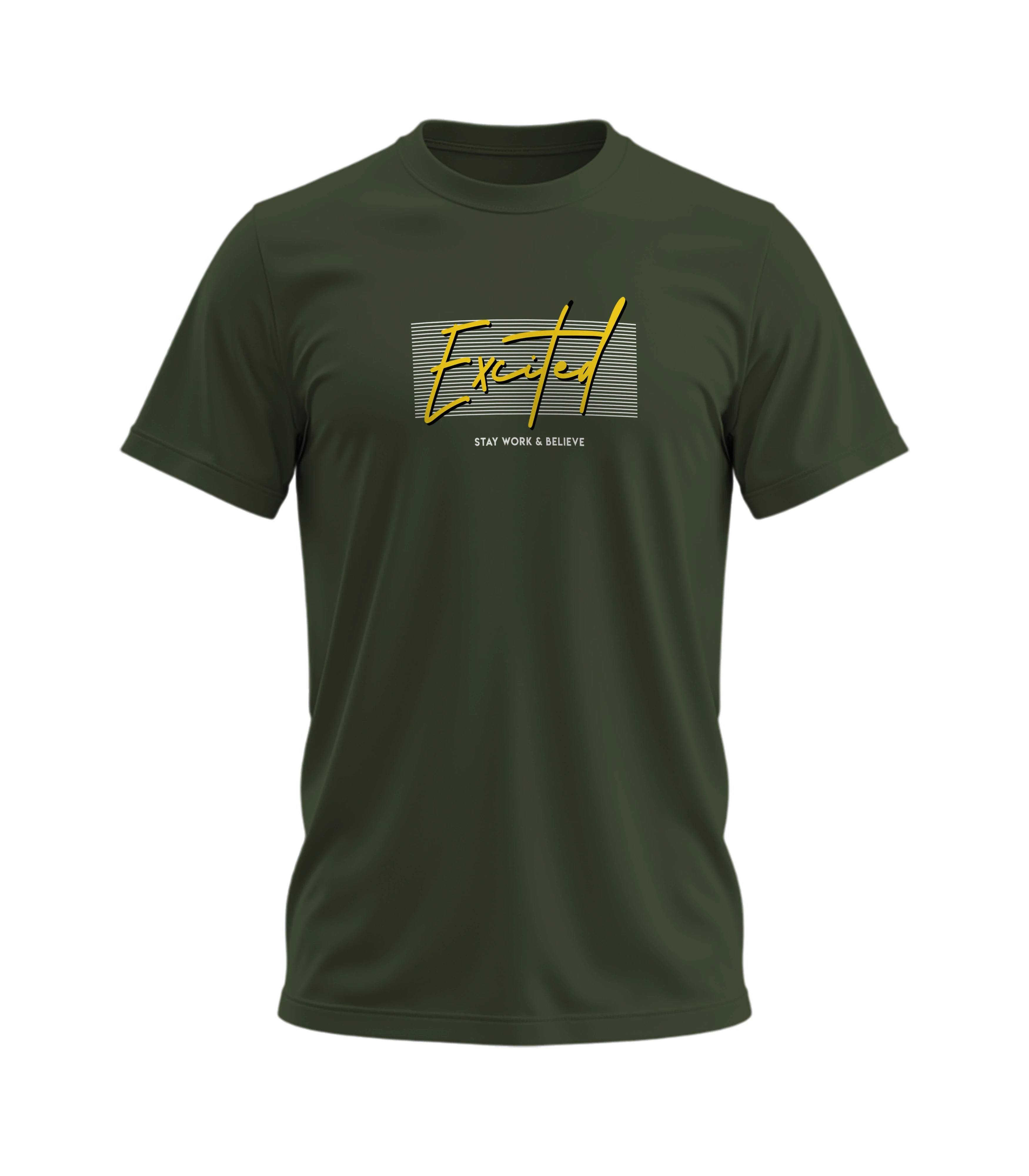Green t-shirt with yellow and white graphic design on a white background