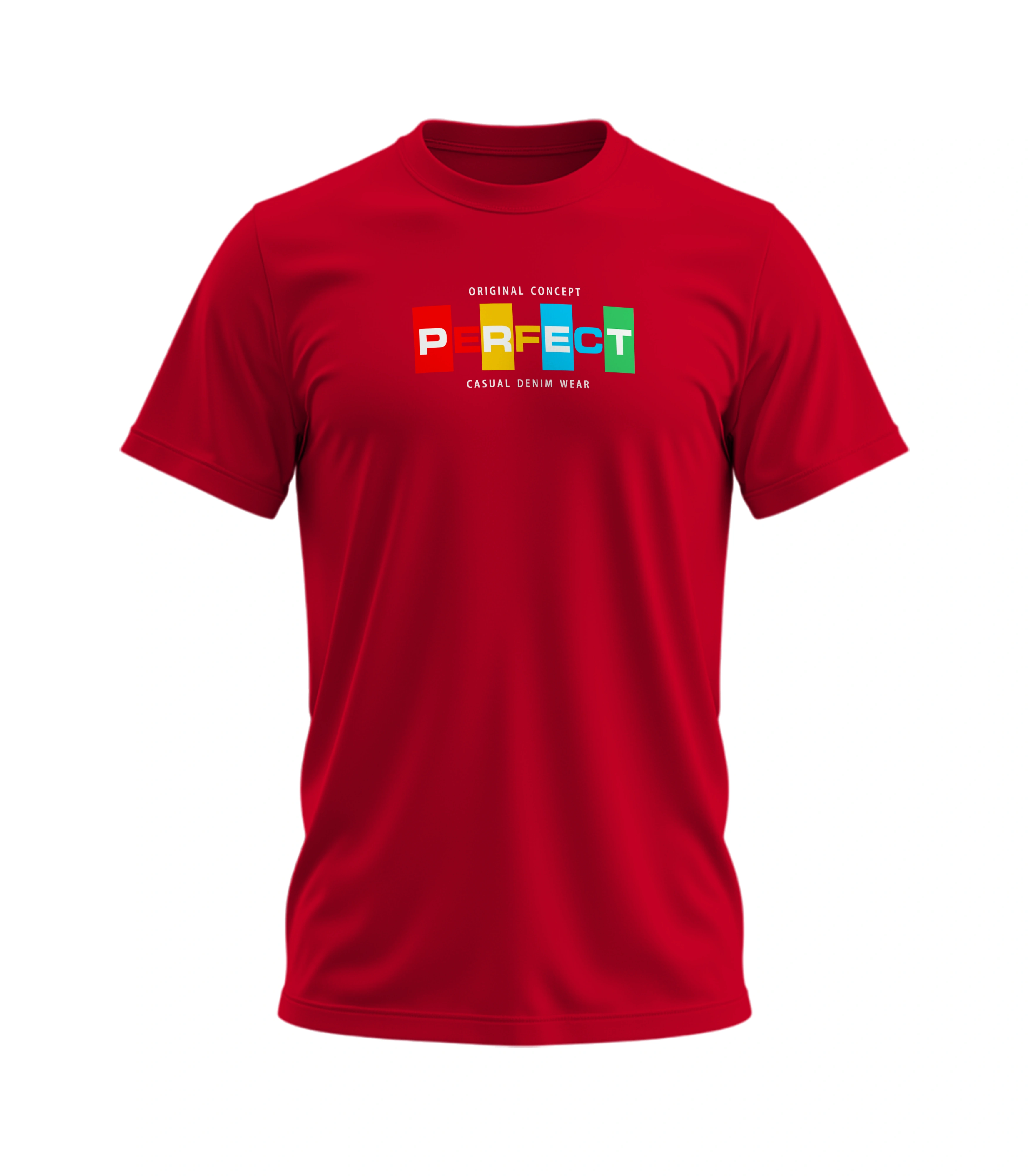 Red t-shirt with colorful 'PERFECT' logo on a white background