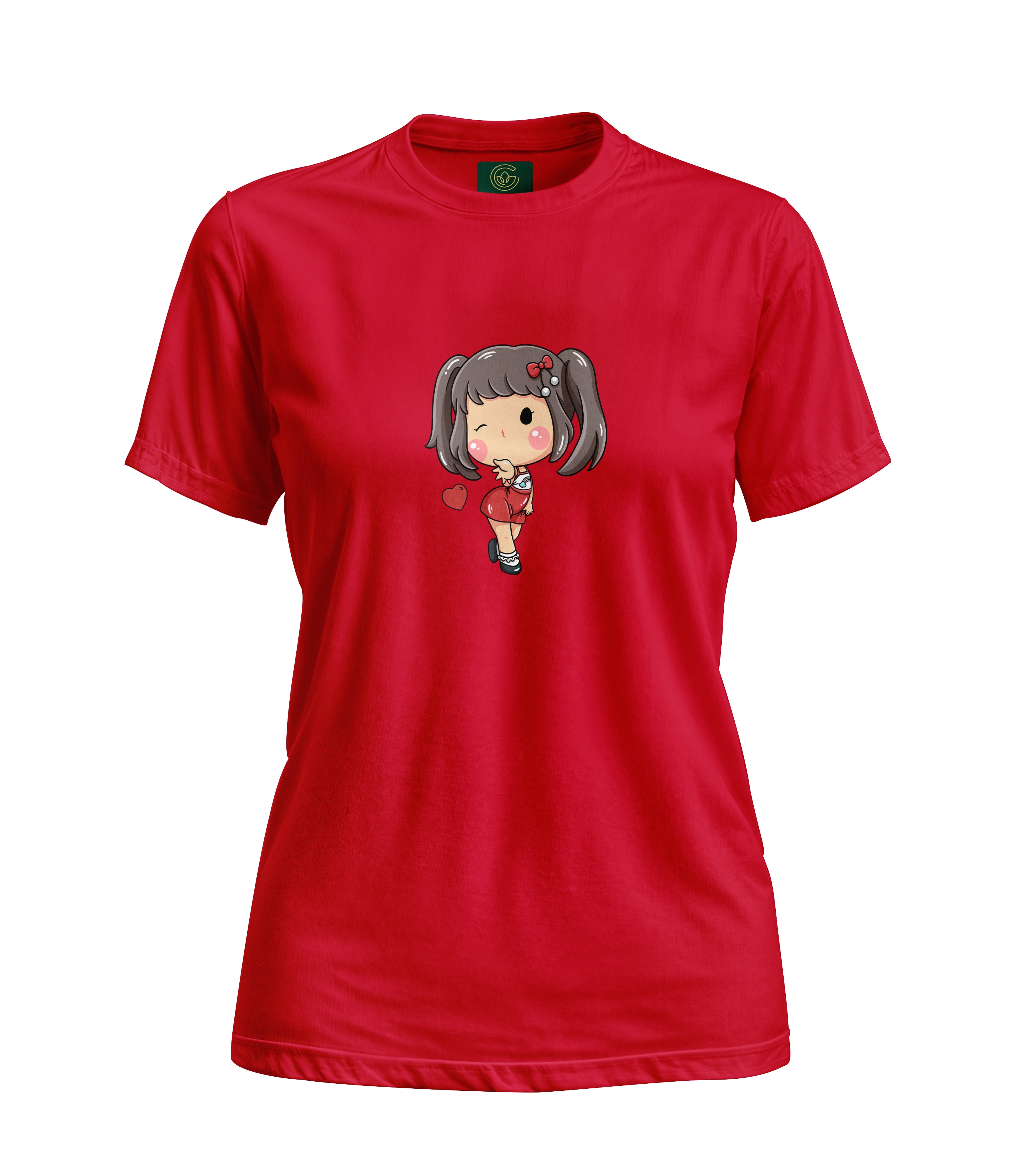 Red t-shirt with a cartoon character on a white background