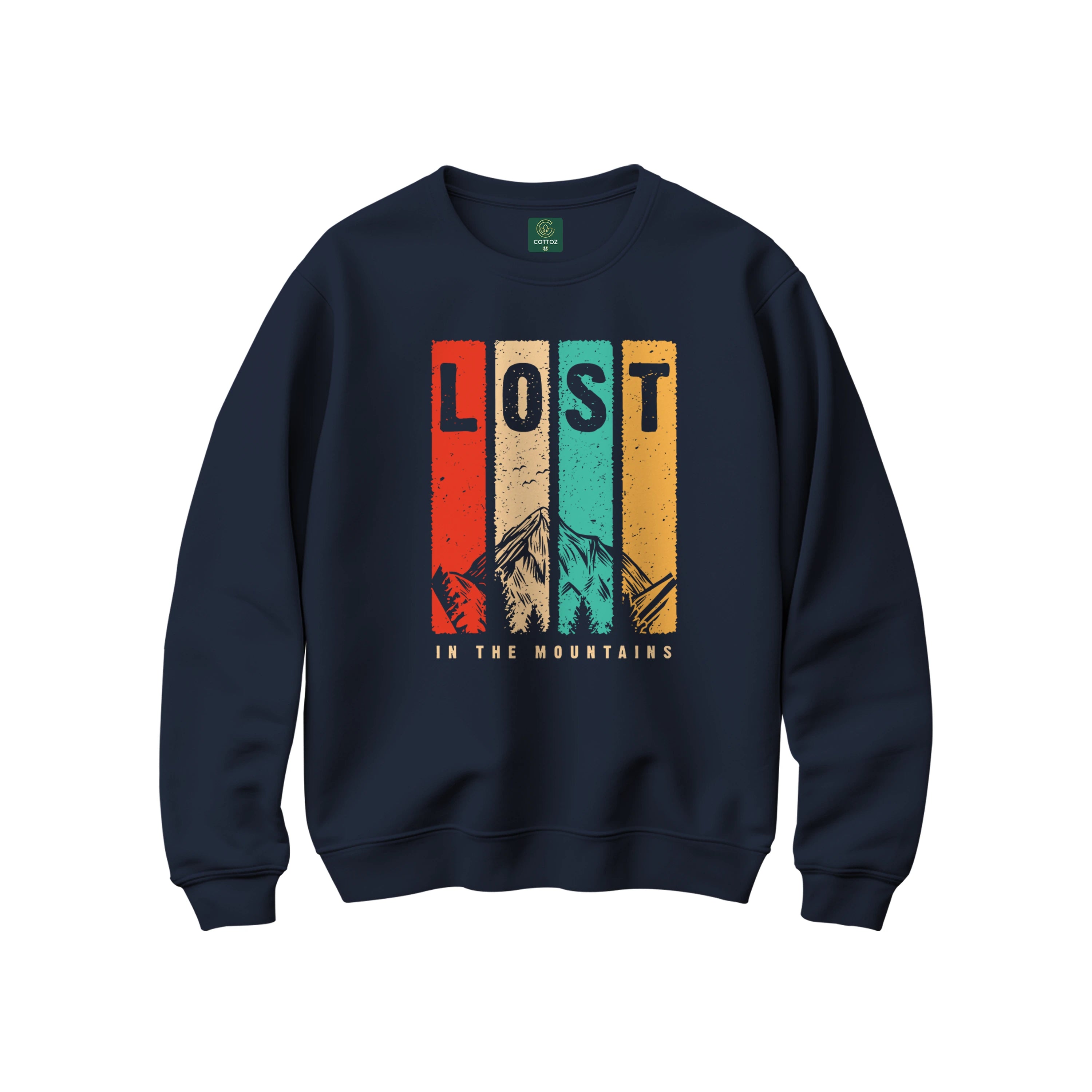 Navy blue sweatshirt with 'Lost in the Mountains' graphic design on a white background