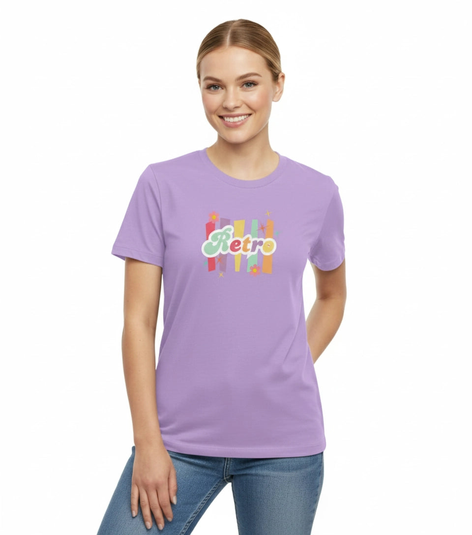 Woman wearing a purple t-shirt with colorful text design on a white background