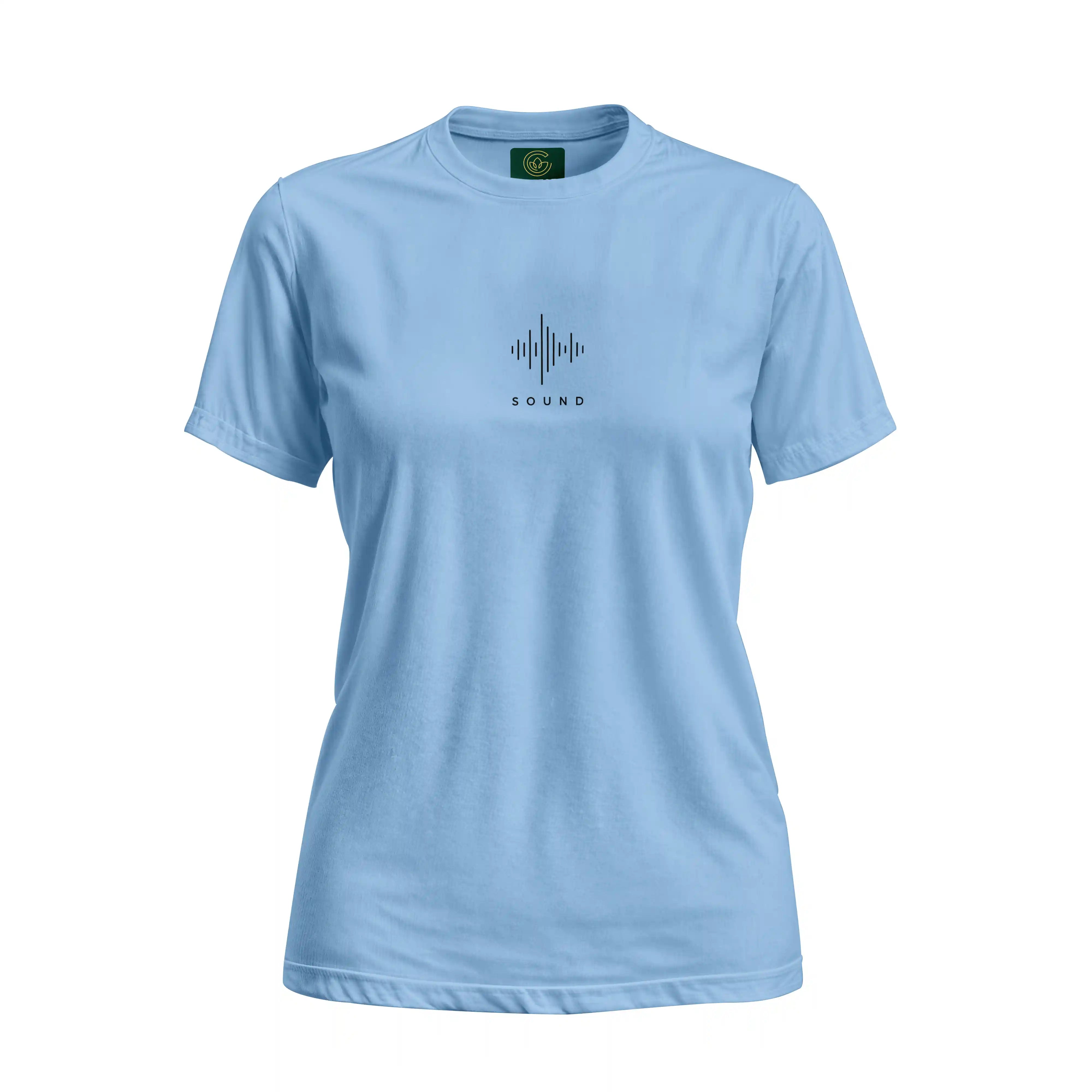 Light blue t-shirt with a black graphic and text on a white background