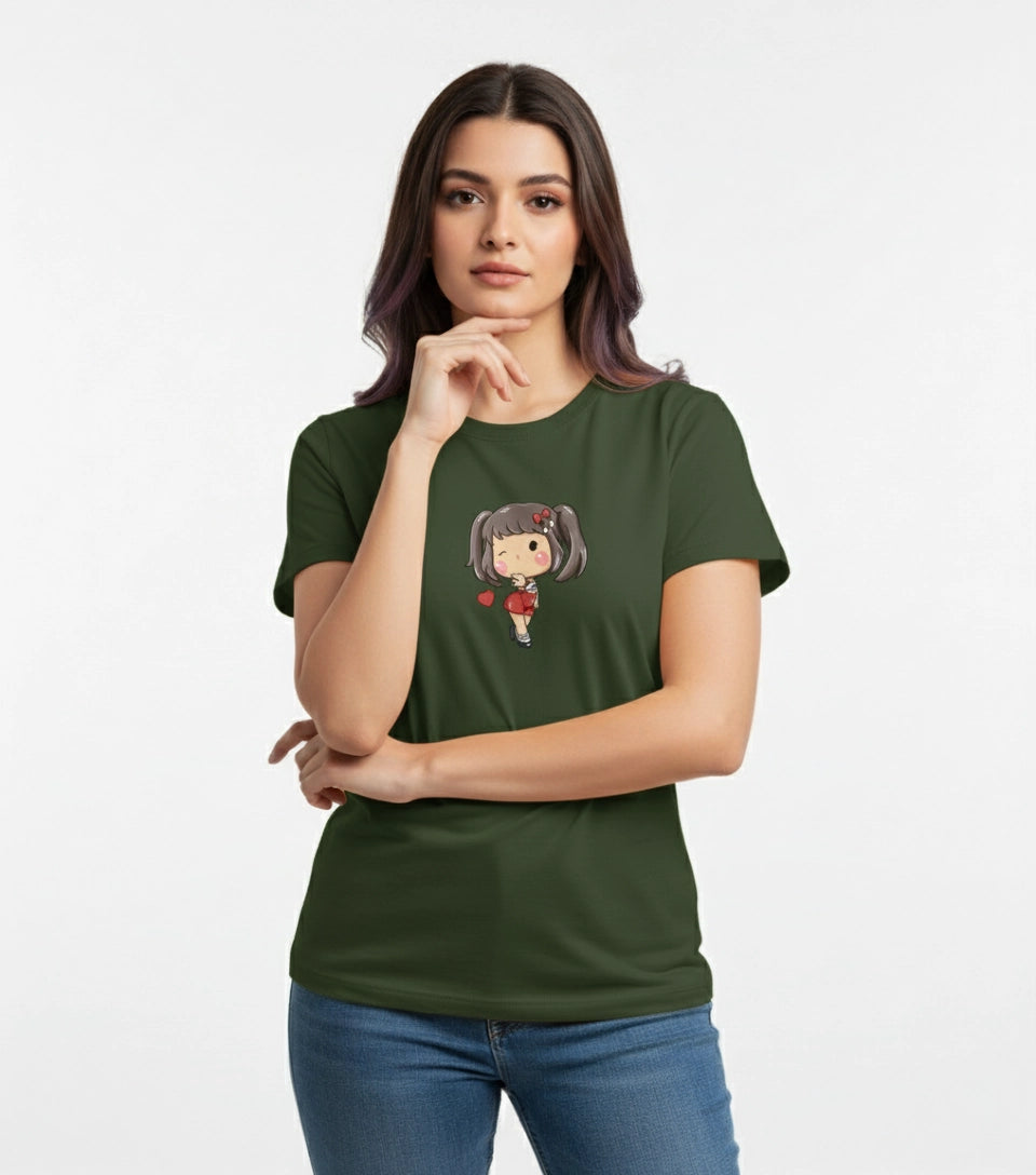 Woman wearing a green t-shirt with a cartoon character design on a white background