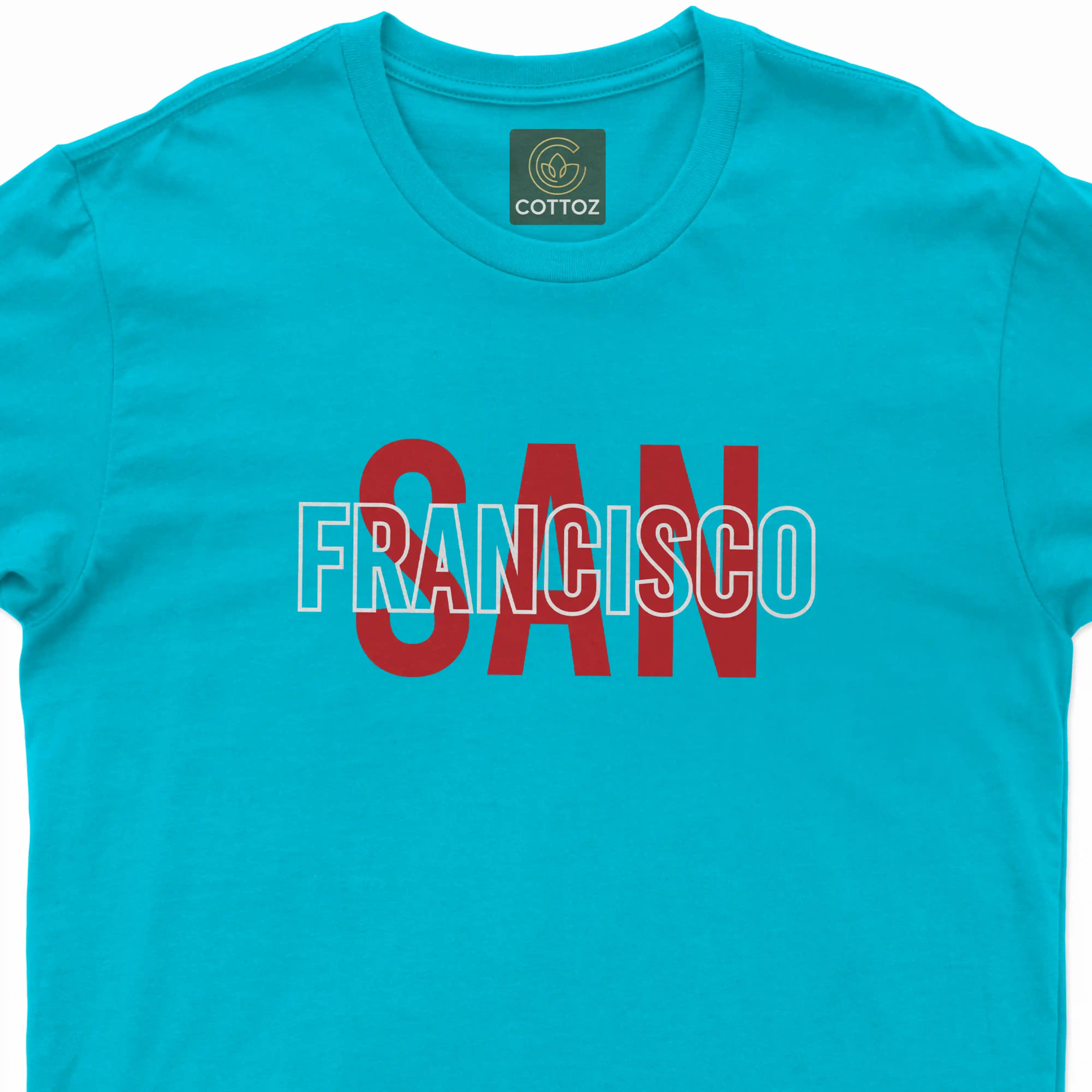Blue t-shirt with 'Francisco' printed in red and white on a white background
