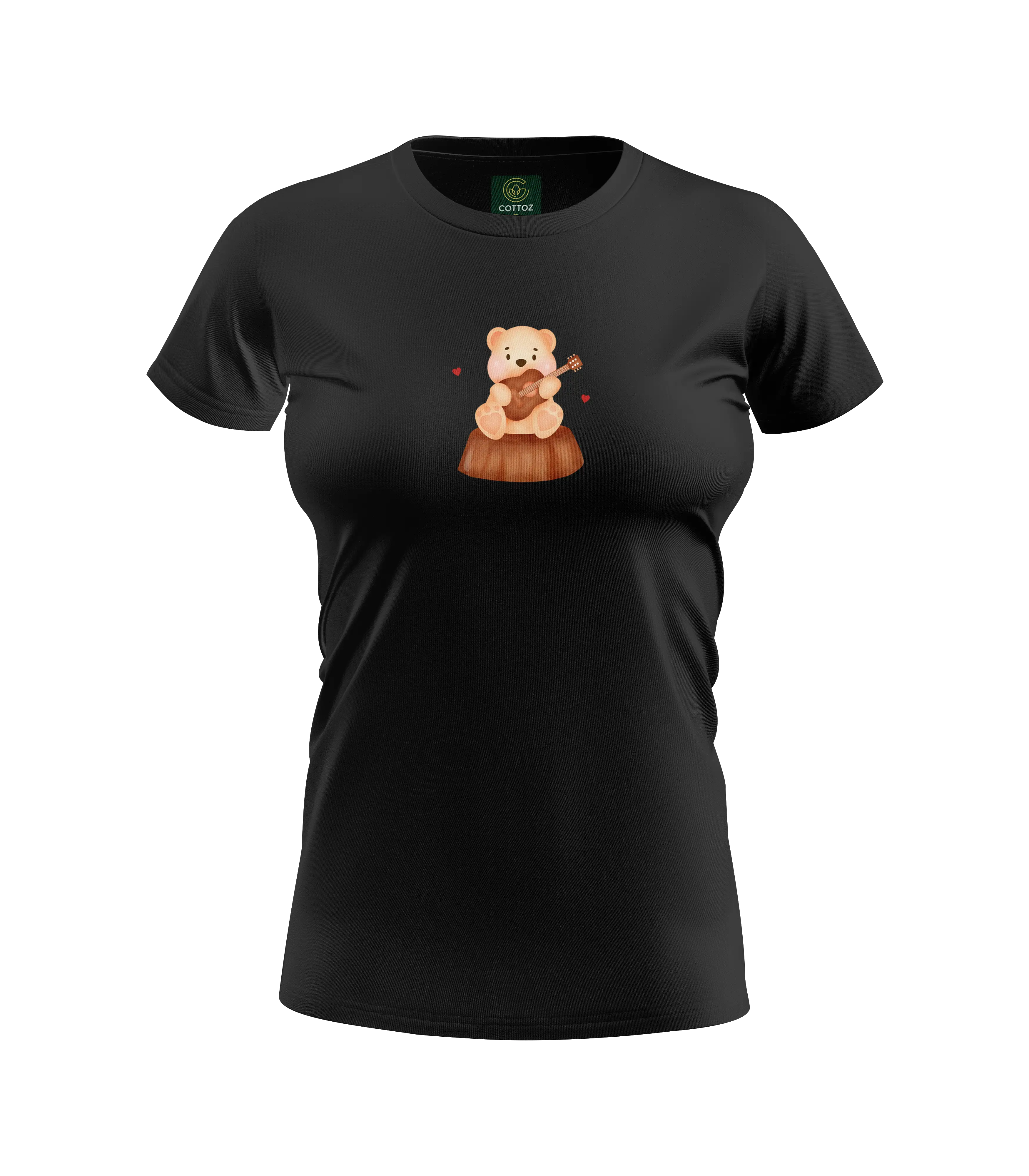 Black t-shirt with a bear playing a guitar graphic on a white background