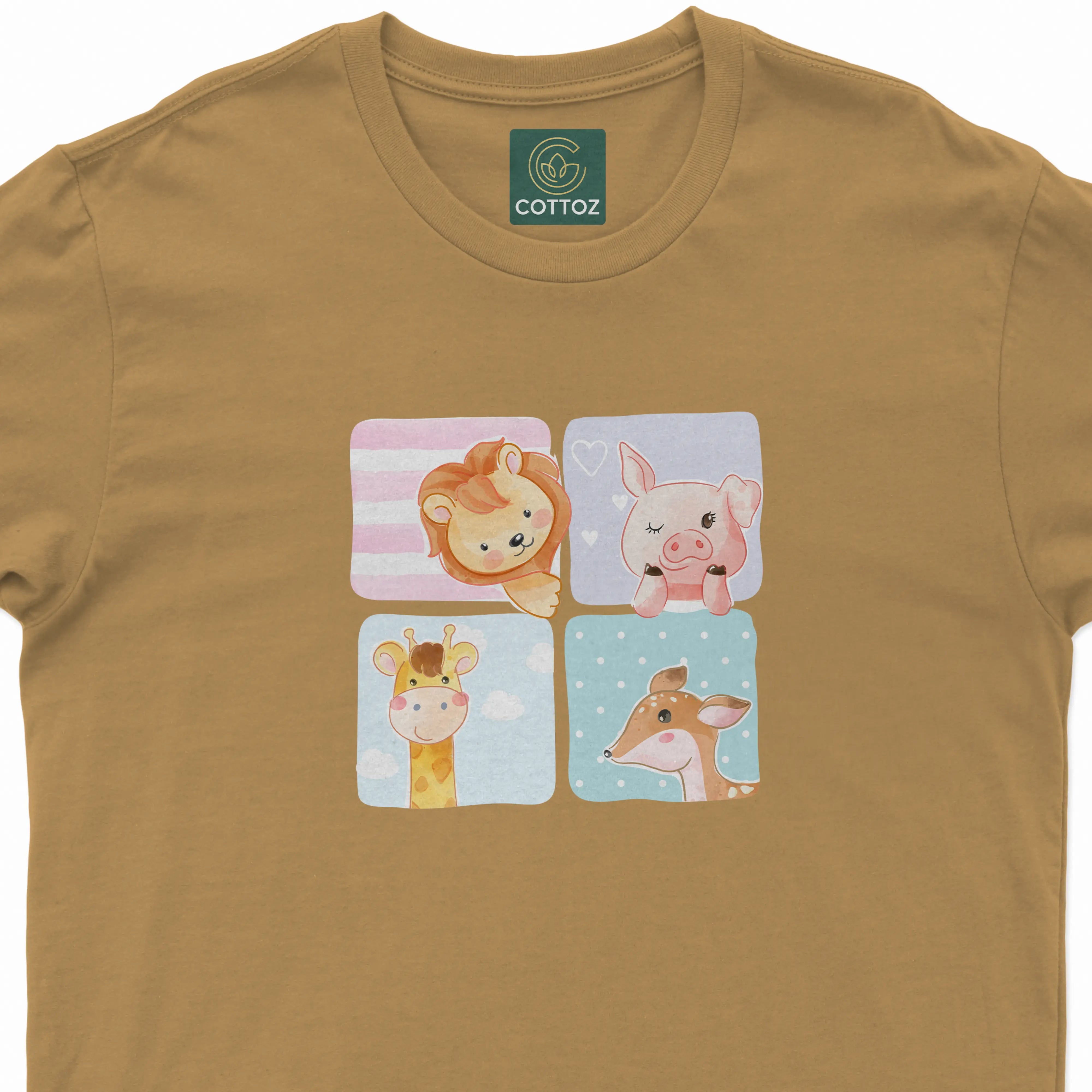 Brown t-shirt with cartoon animal designs and Cottoz logo on a white background