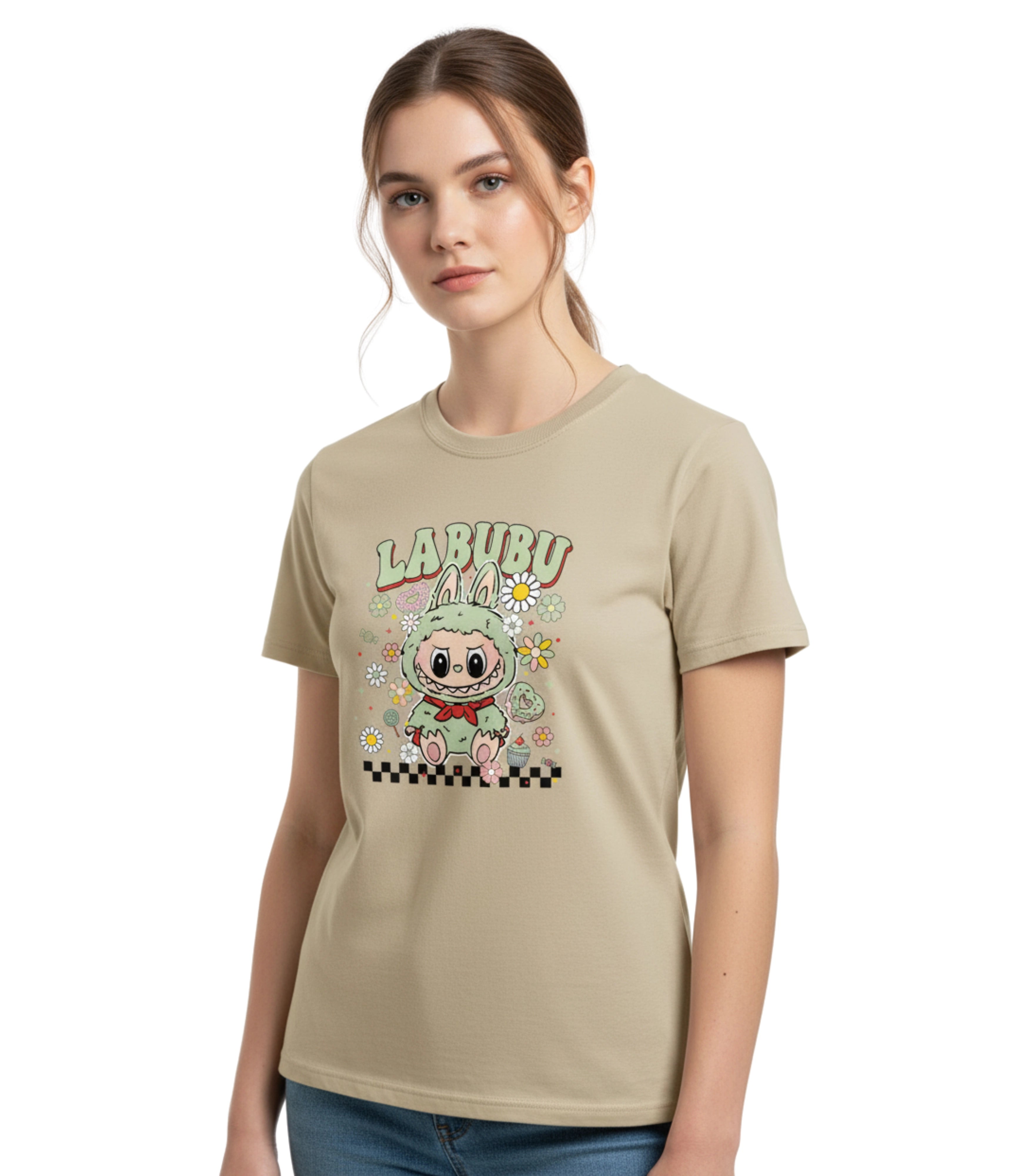 Woman wearing a beige t-shirt with 'LABURU' design on a white background