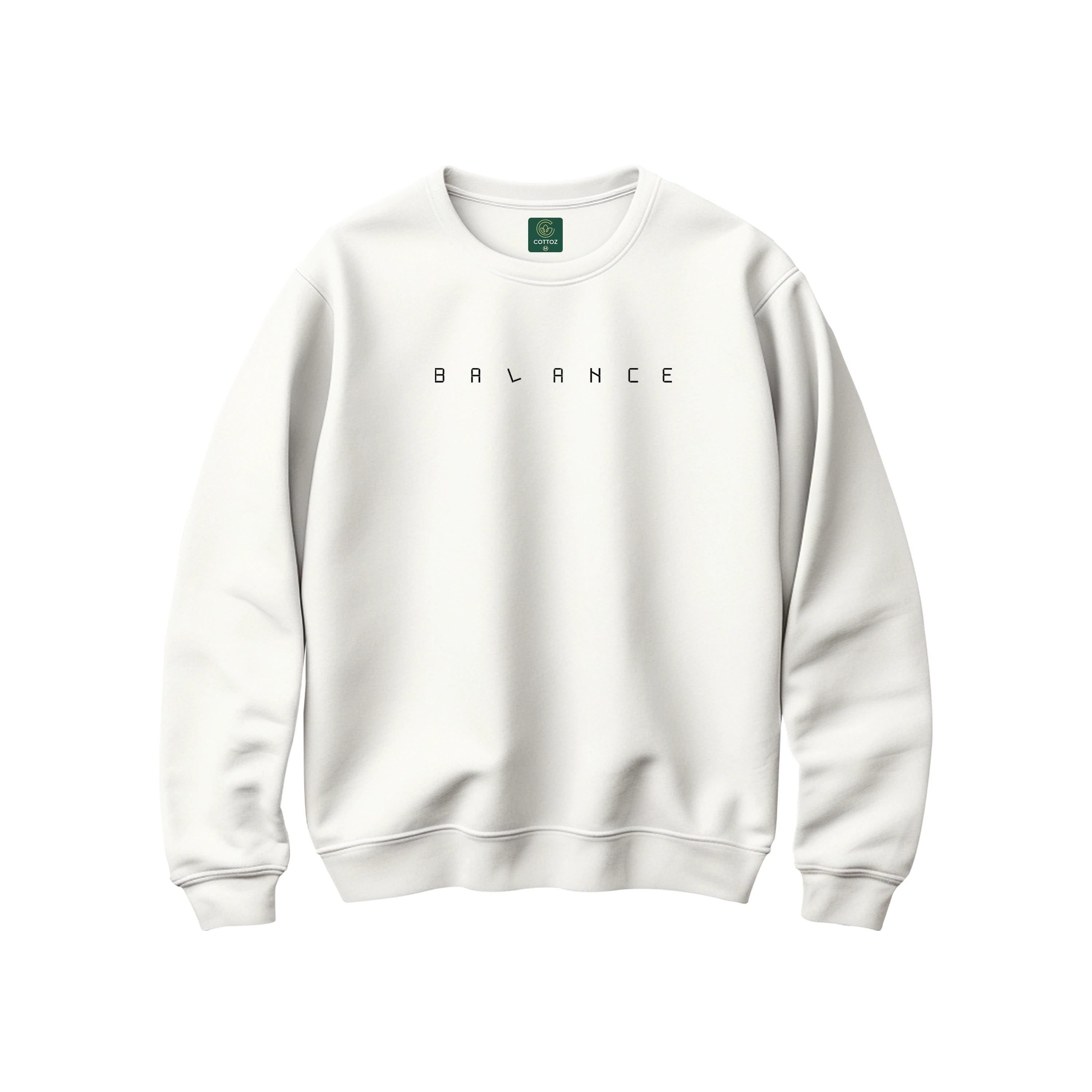 White sweatshirt with 'BALANCE' text on a white background
