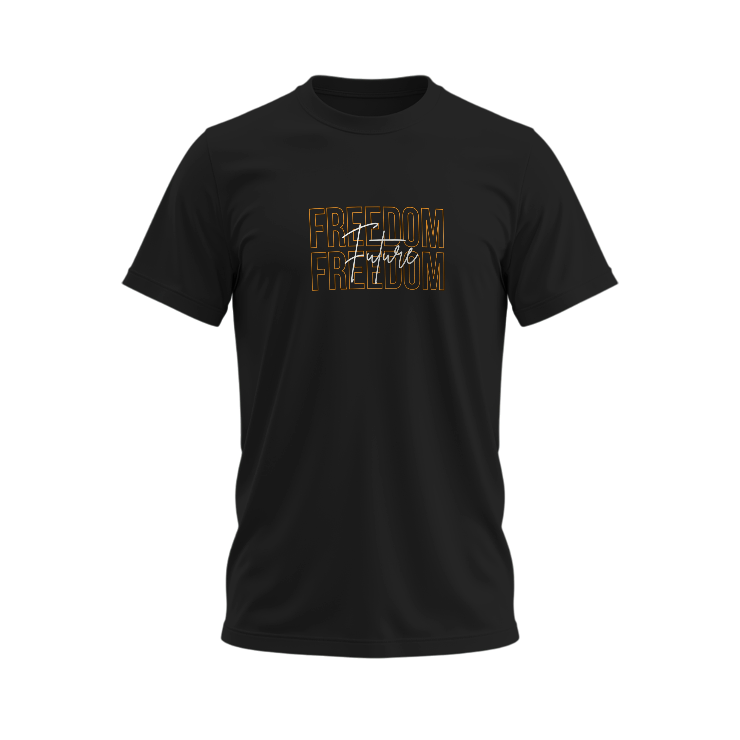 Black t-shirt with 'Freedom' text design on a white background
