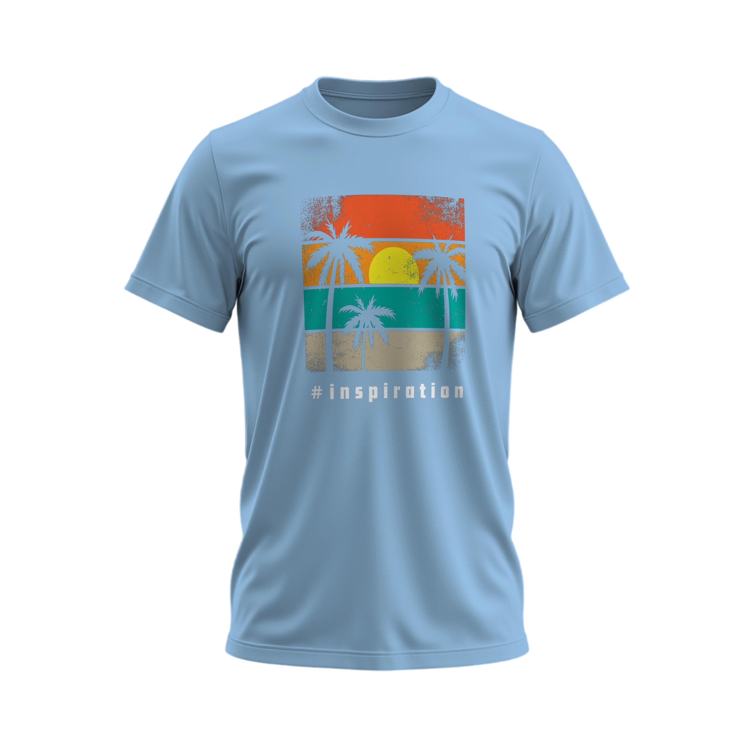 Light blue t-shirt with a tropical graphic and '#inspiration' text on a white background