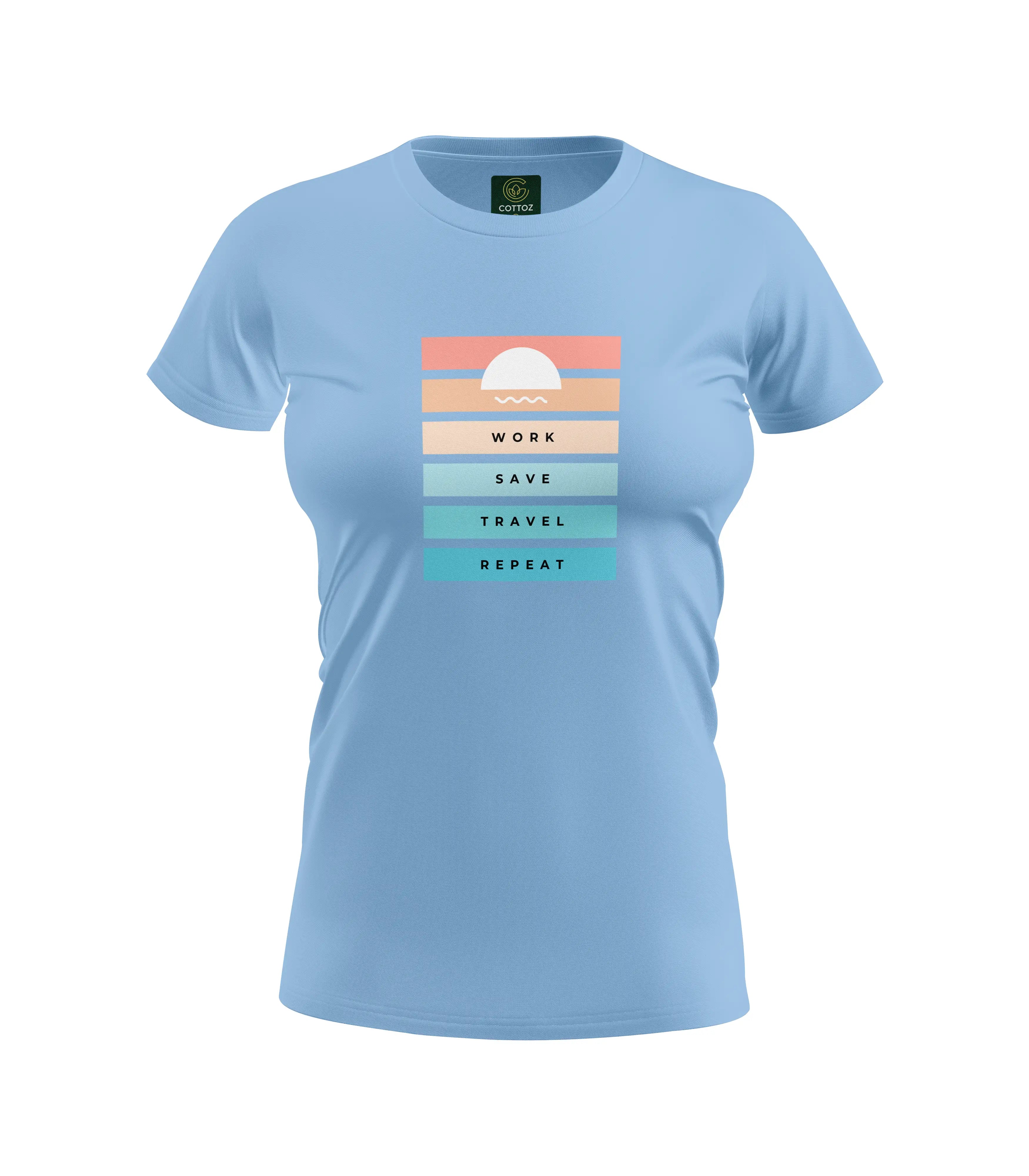 Light blue t-shirt with a colorful graphic and text on a white background
