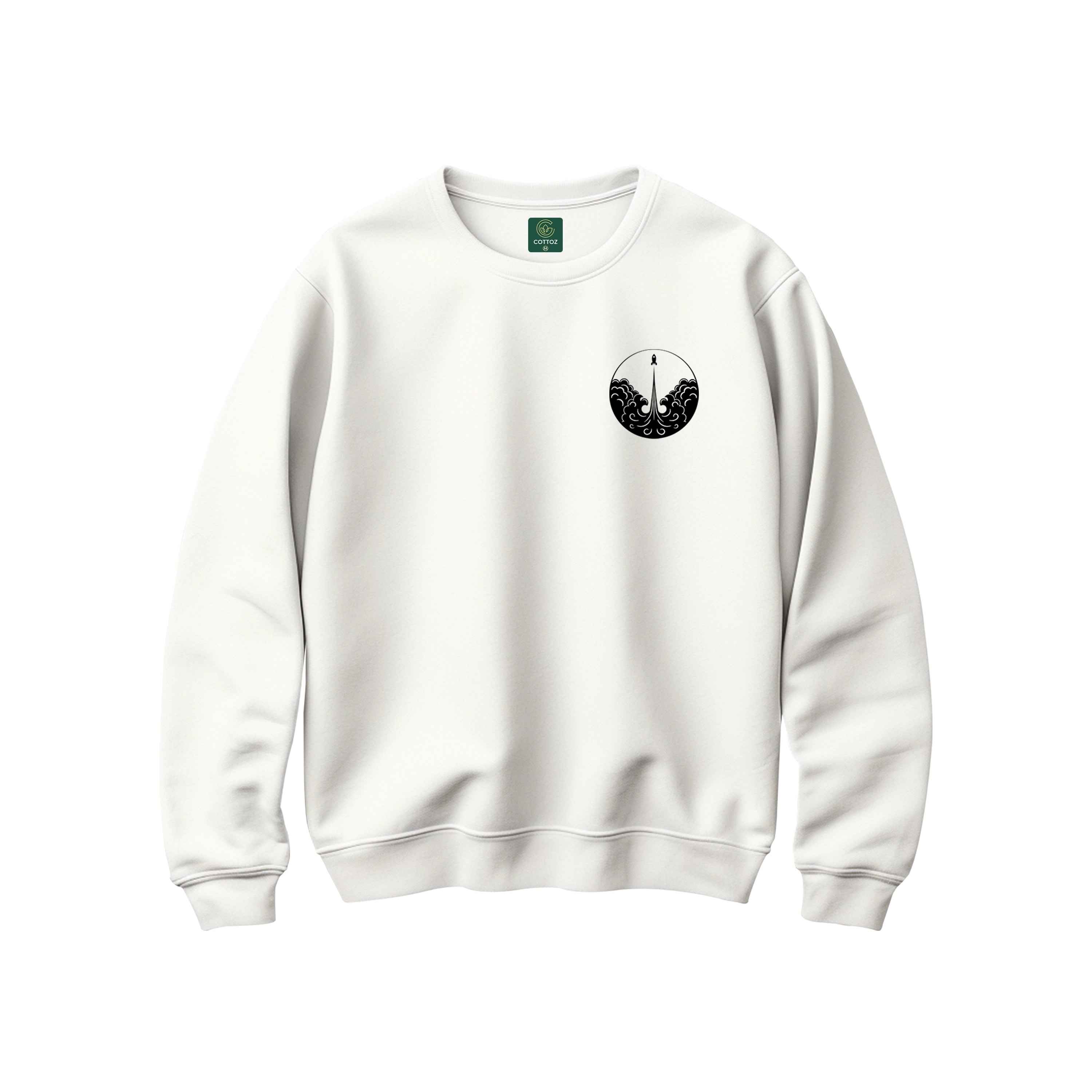White sweatshirt with a black logo on a white background