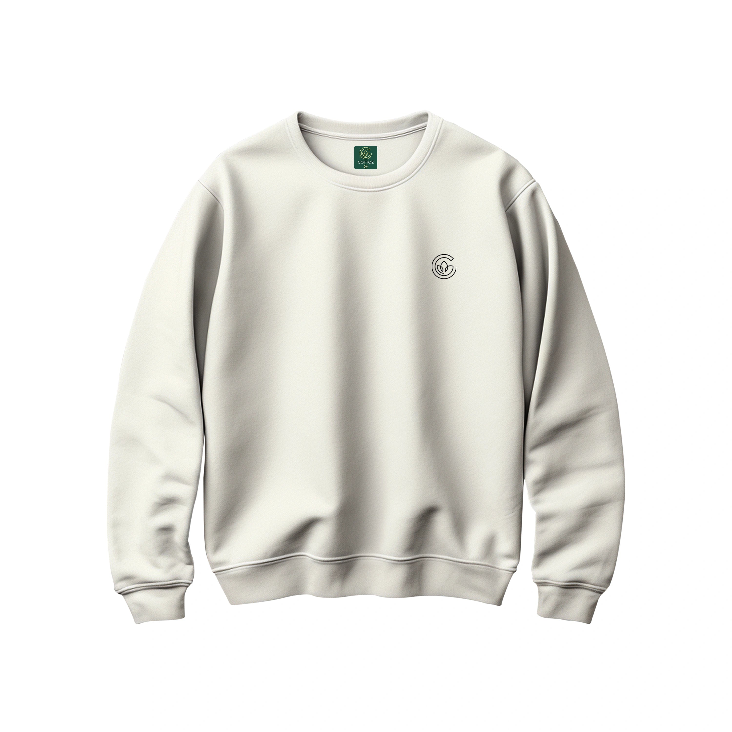 White sweatshirt with a small logo on a white background