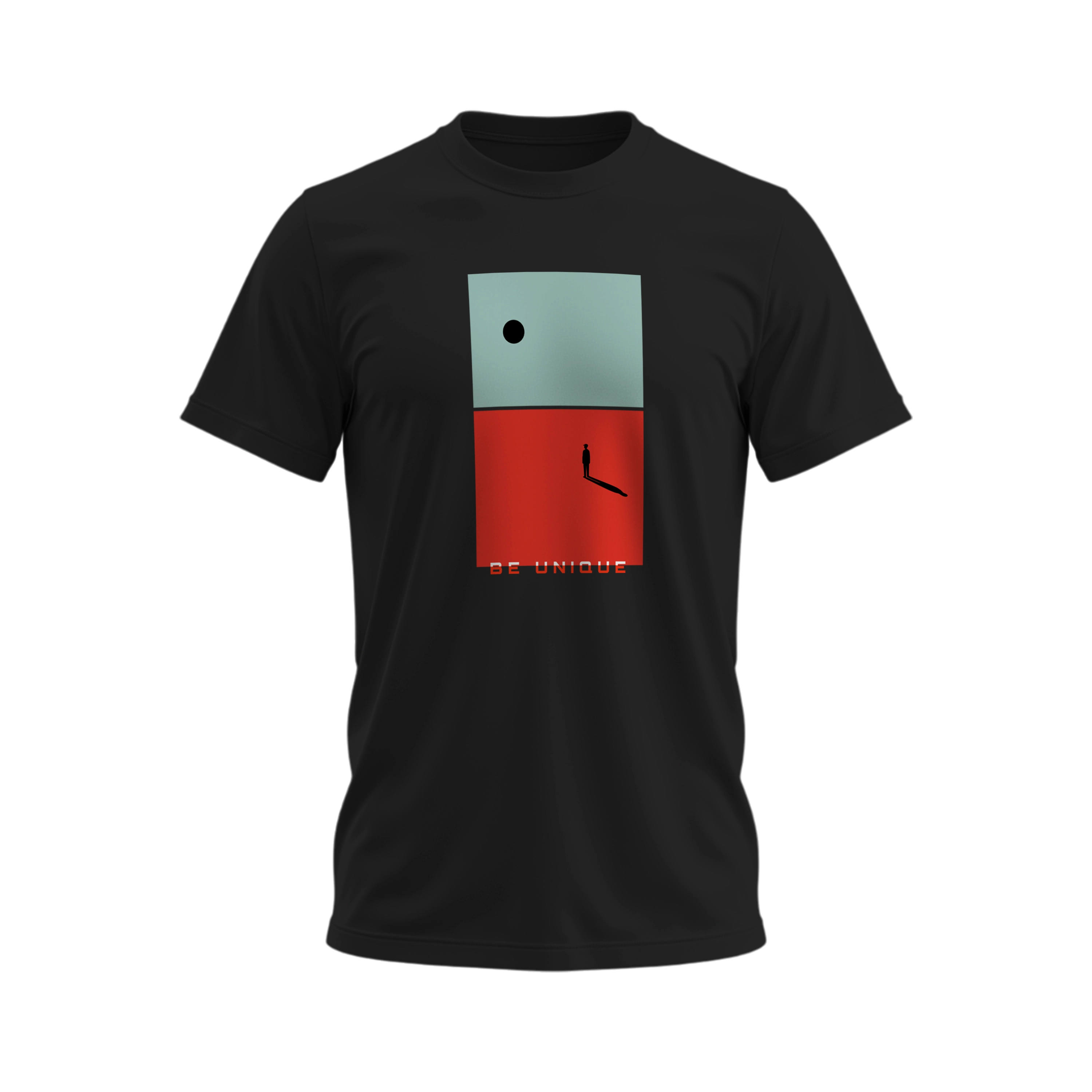 Black t-shirt with a colorful graphic design on a white background