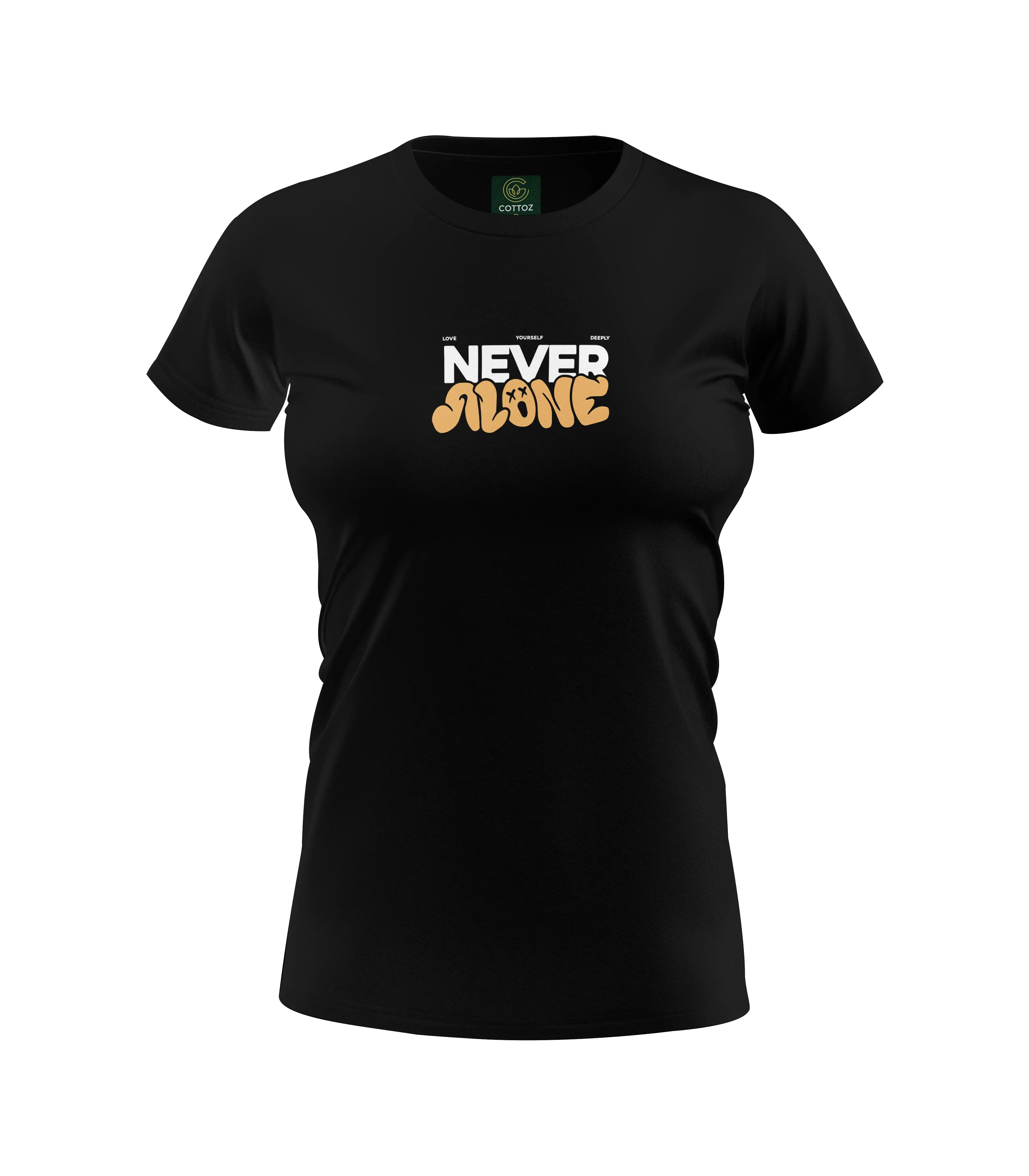 Black t-shirt with 'Never Alone' text on a white background