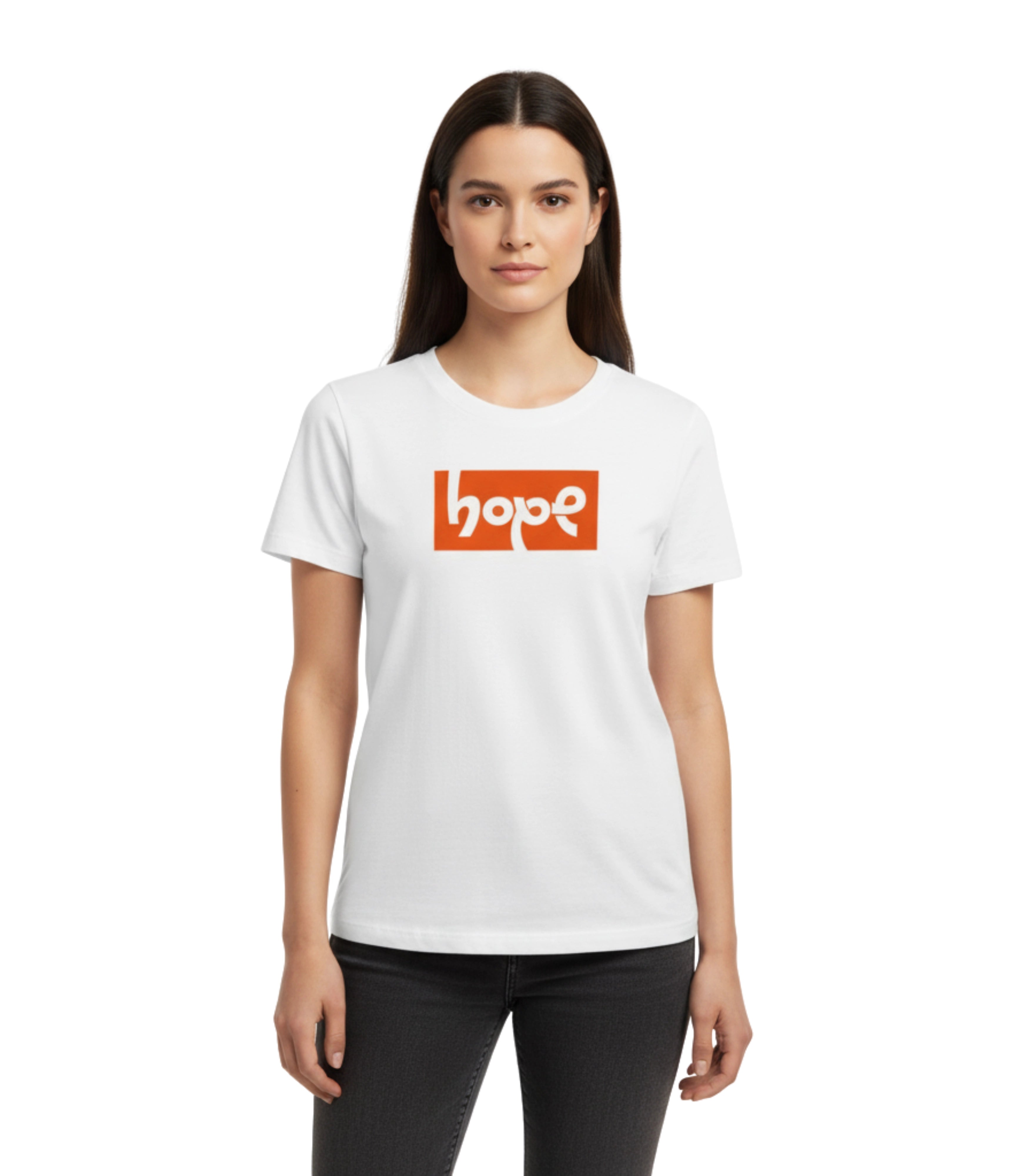 Woman wearing a white t-shirt with an 'hope' logo on a white background