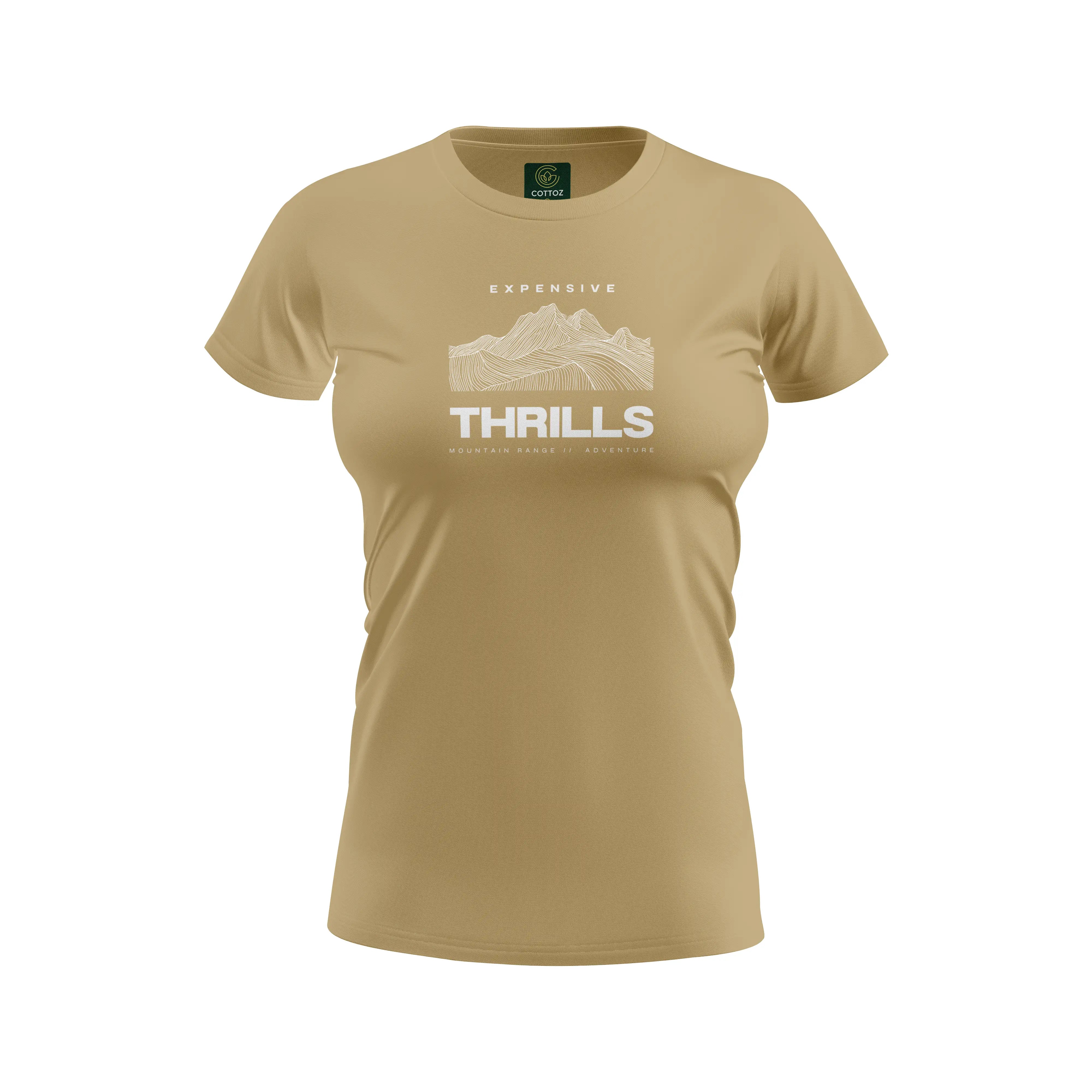 Beige t-shirt with 'Expensive Thrills' graphic on a white background