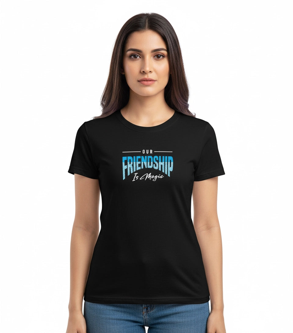 Woman wearing a black t-shirt with 'Our Friendship is Magic' text design.