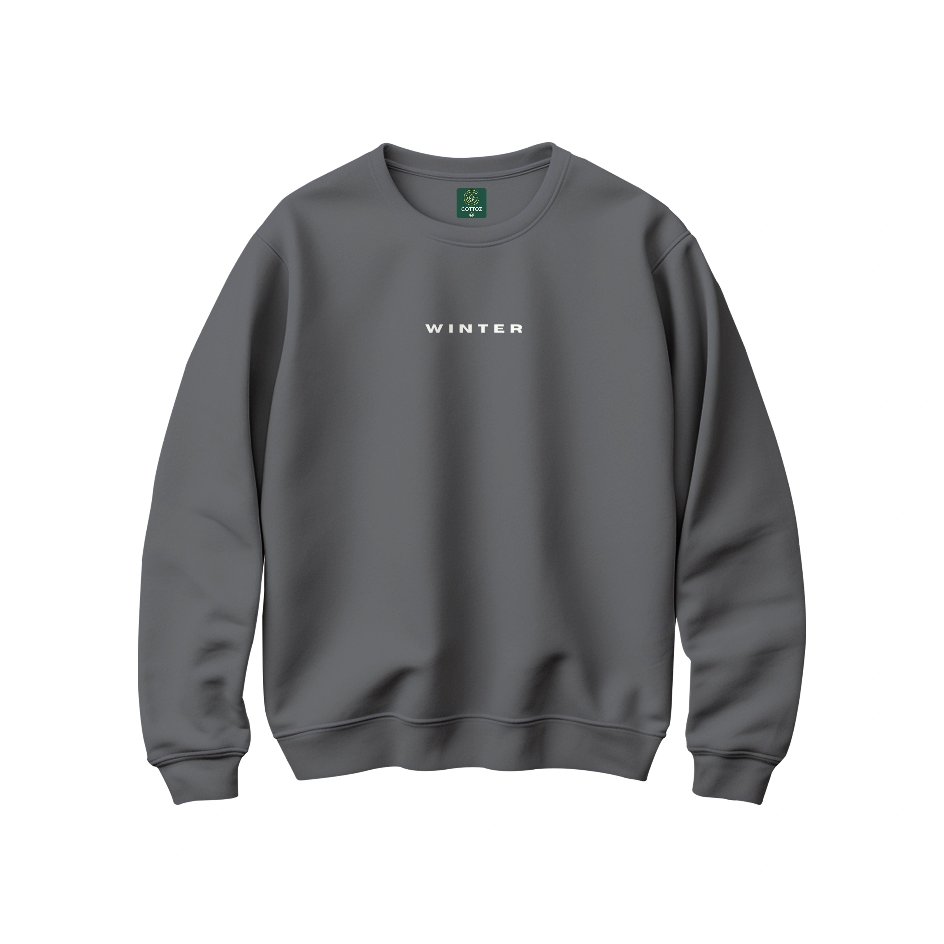Gray sweatshirt with 'WINTER' text on a white background