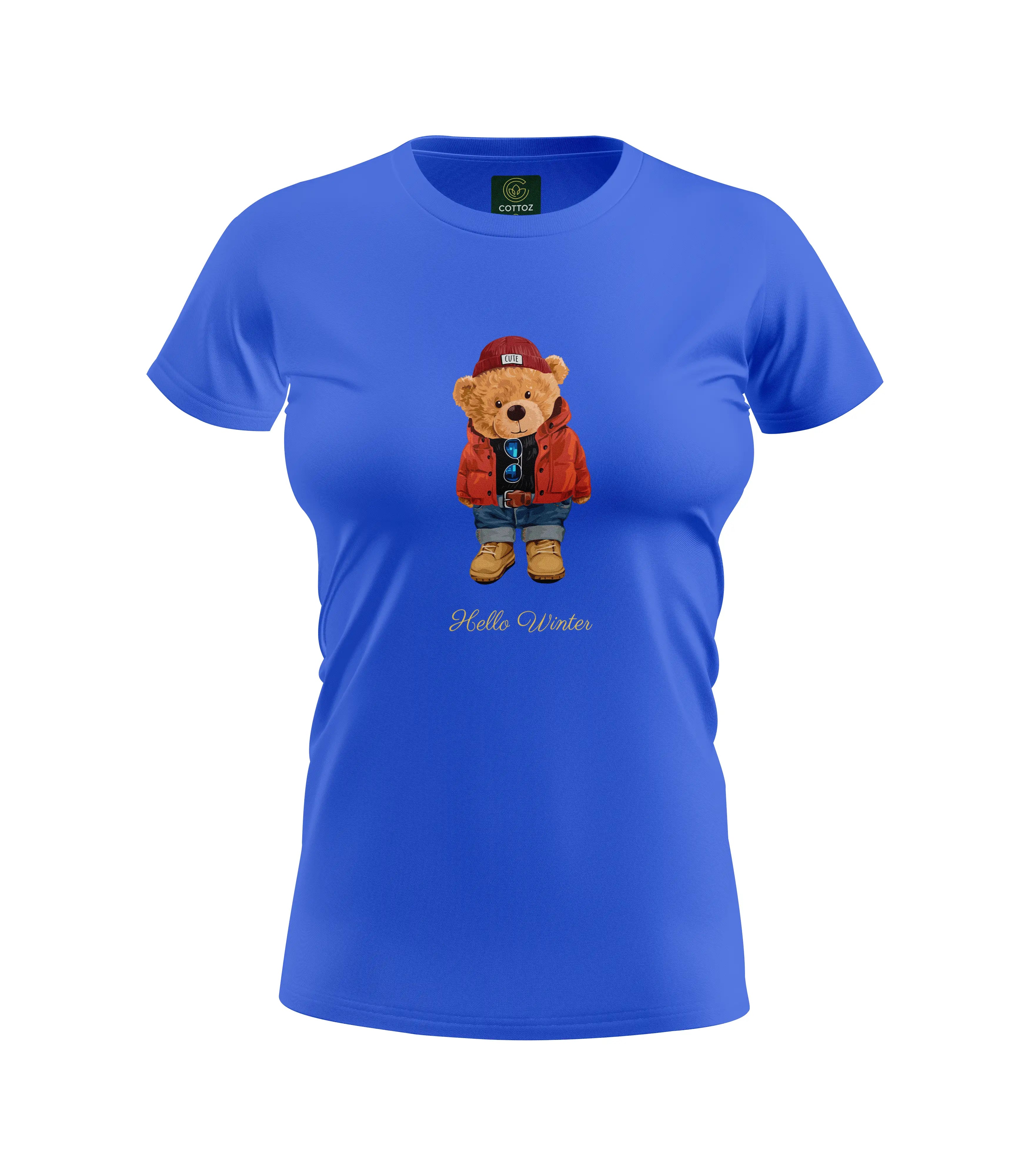 Blue t-shirt with a bear graphic and 'Hello Winter' text on a white background