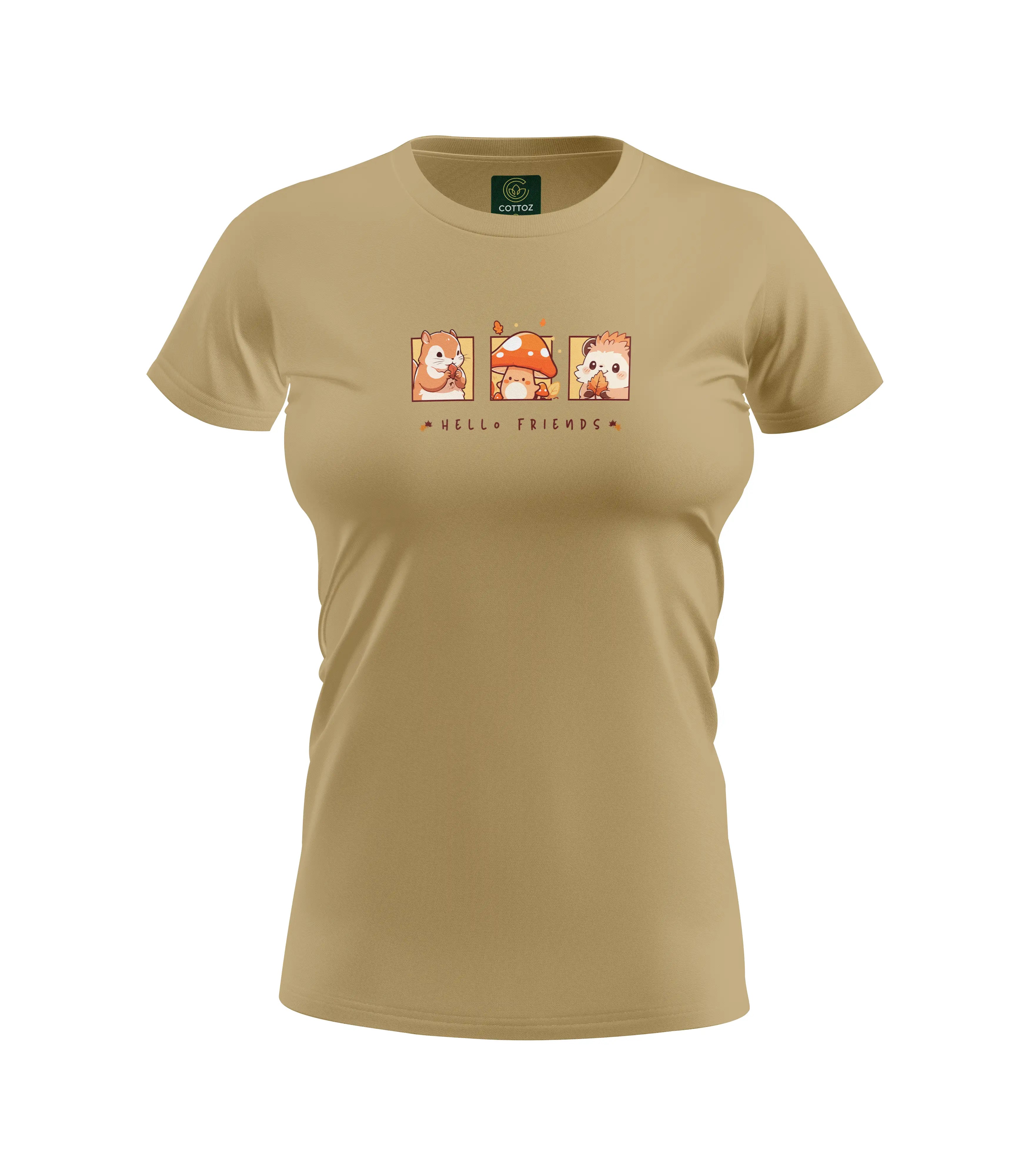Beige t-shirt with a graphic design on a white background