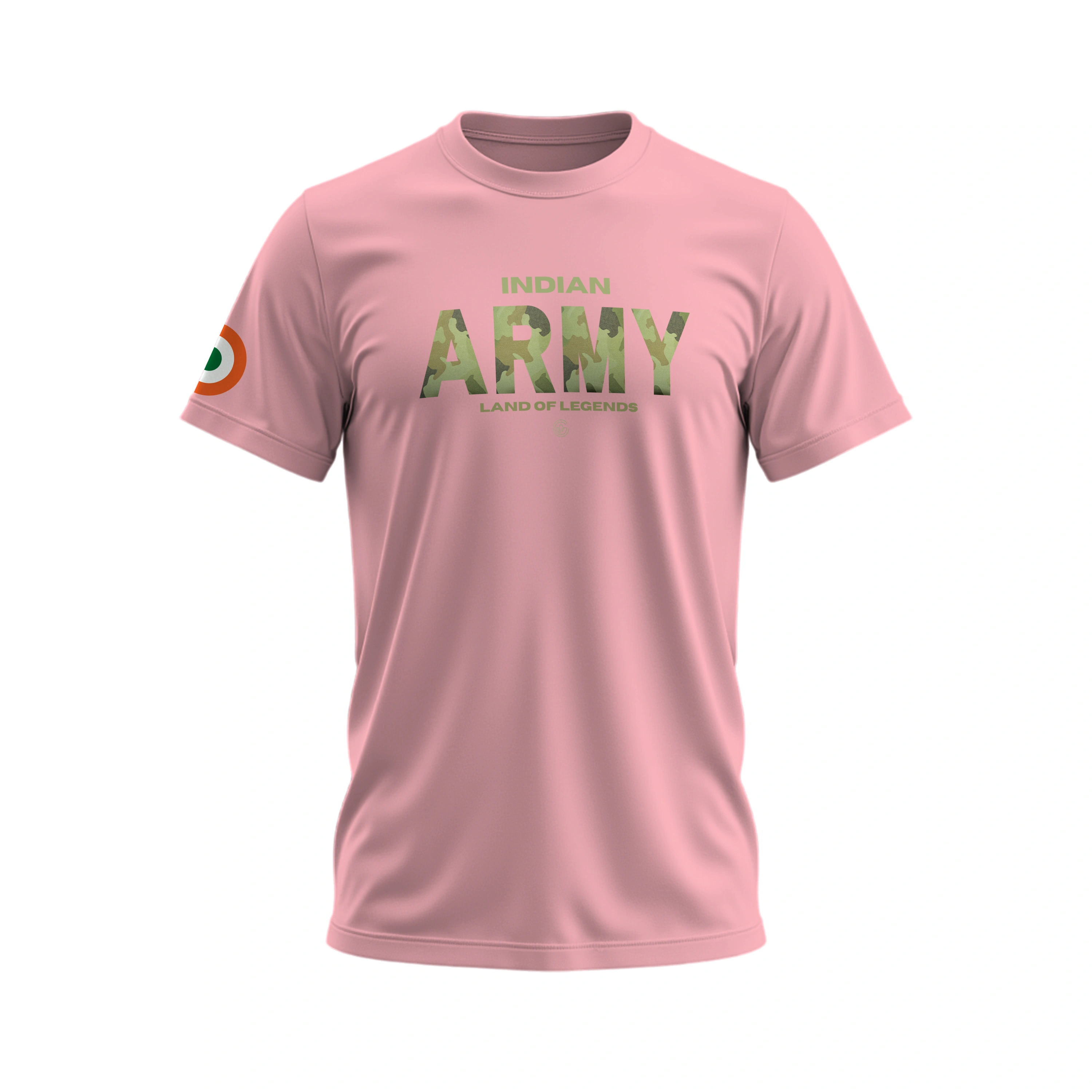 Pink t-shirt with 'Indian Army Land of Legends' text on a white background