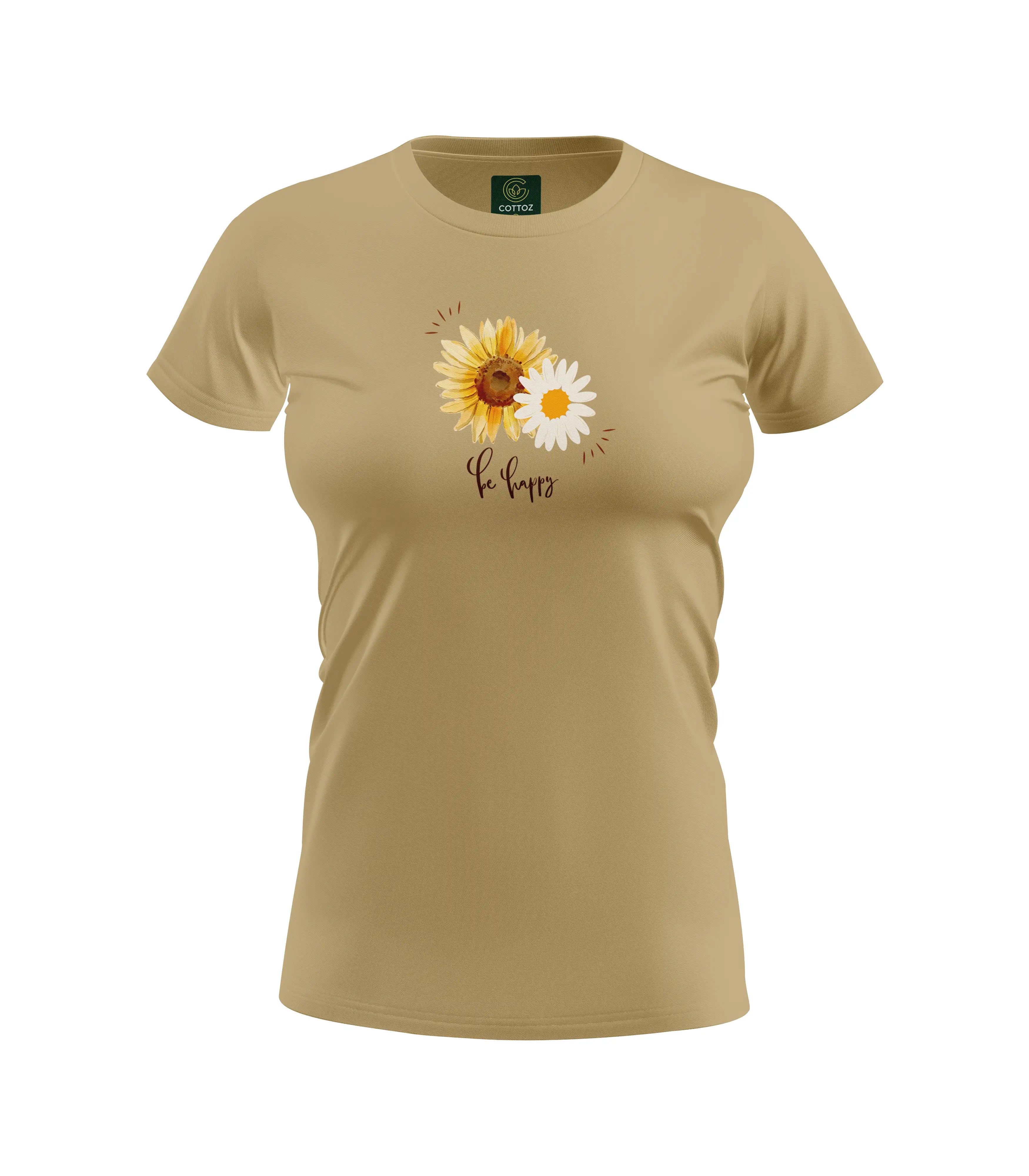 Beige t-shirt with a sunflower and daisy design on a white background