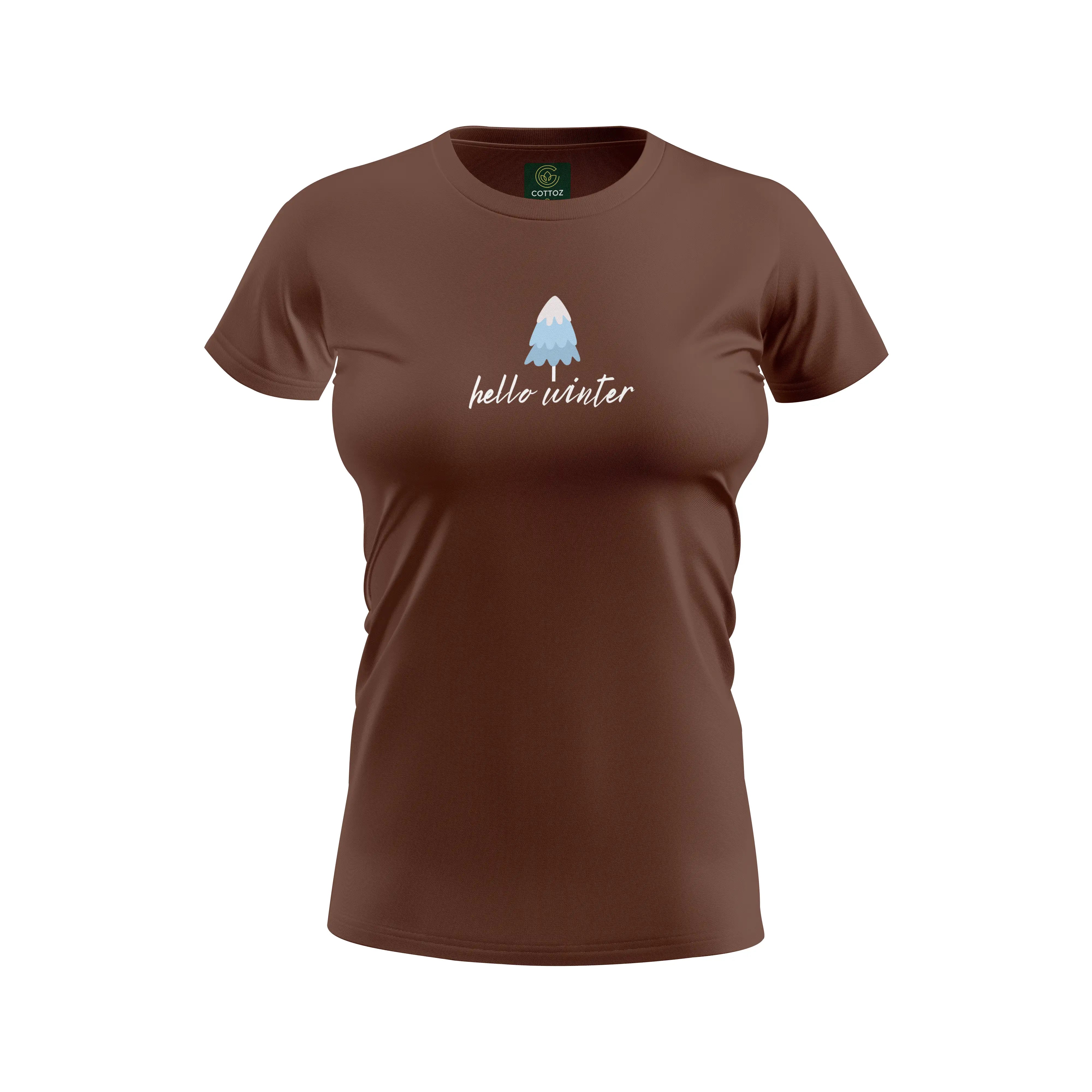 Brown t-shirt with 'hello winter' and tree graphic on a white background