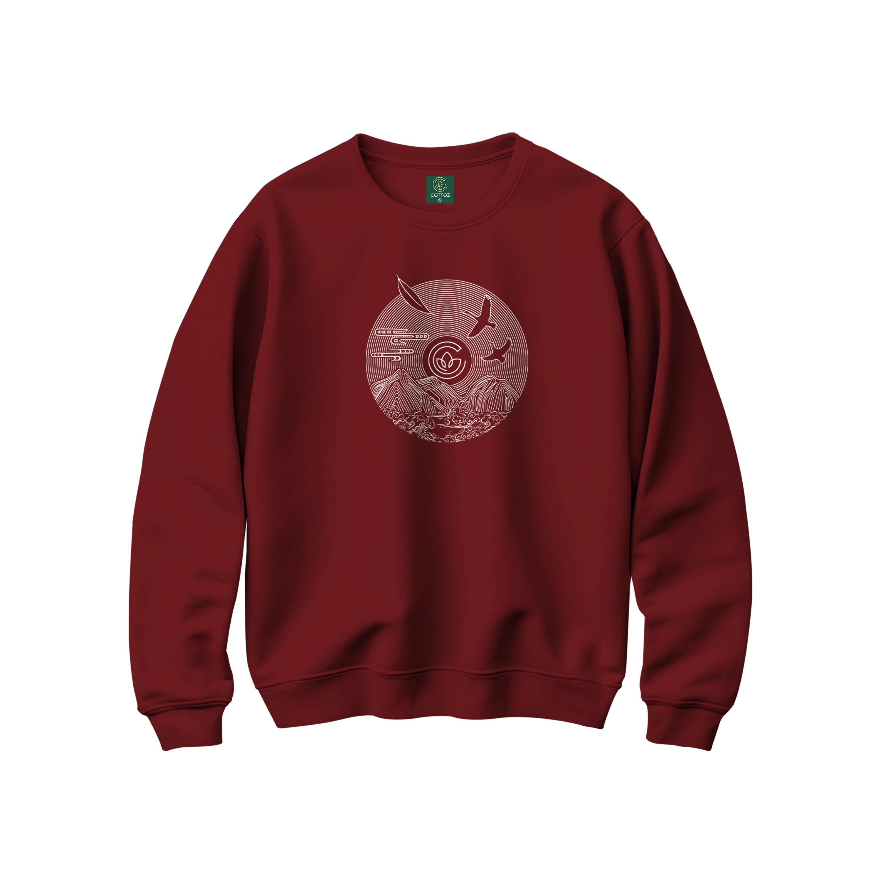 Red sweatshirt with a circular design on a white background
