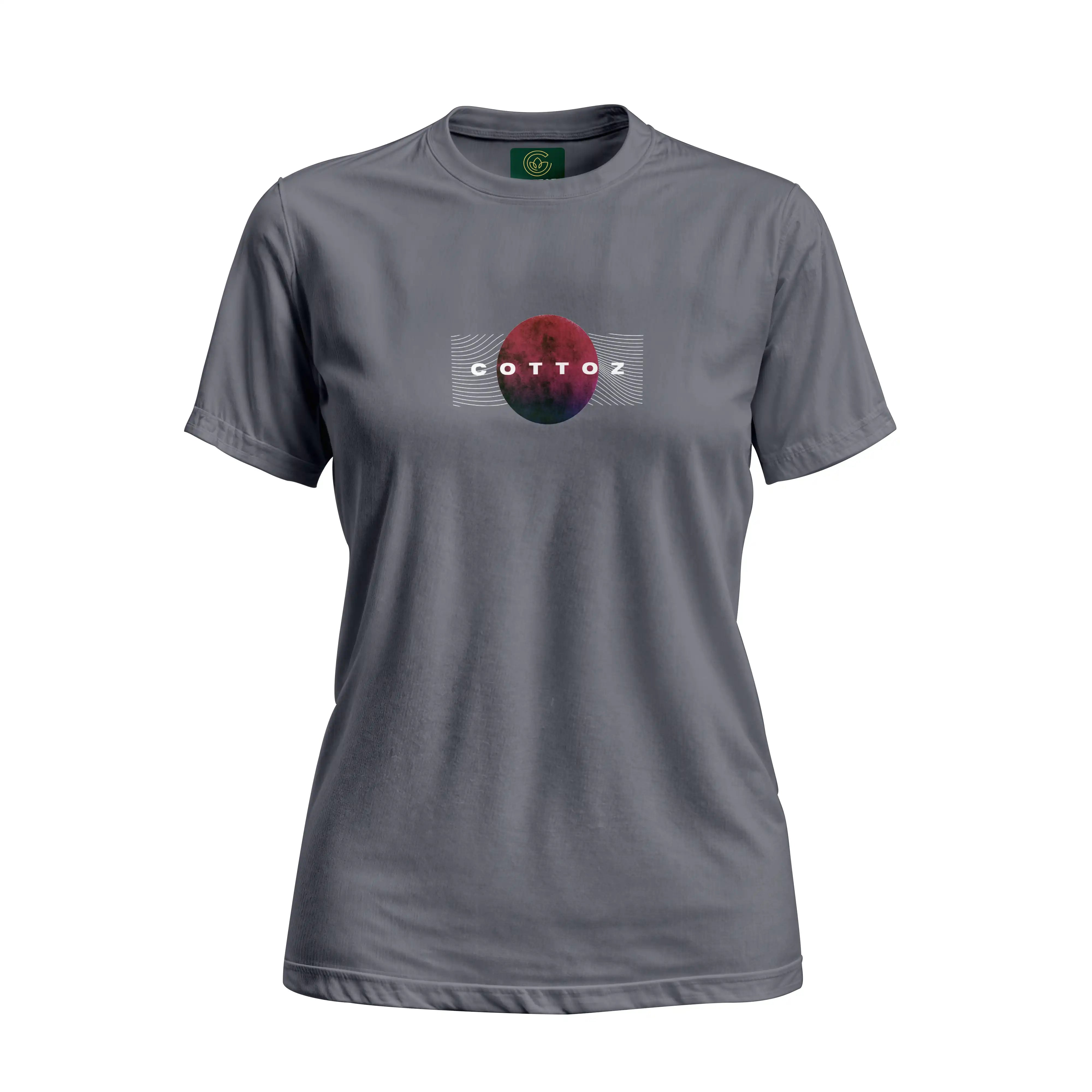 Gray t-shirt with a circular logo and text on a white background
