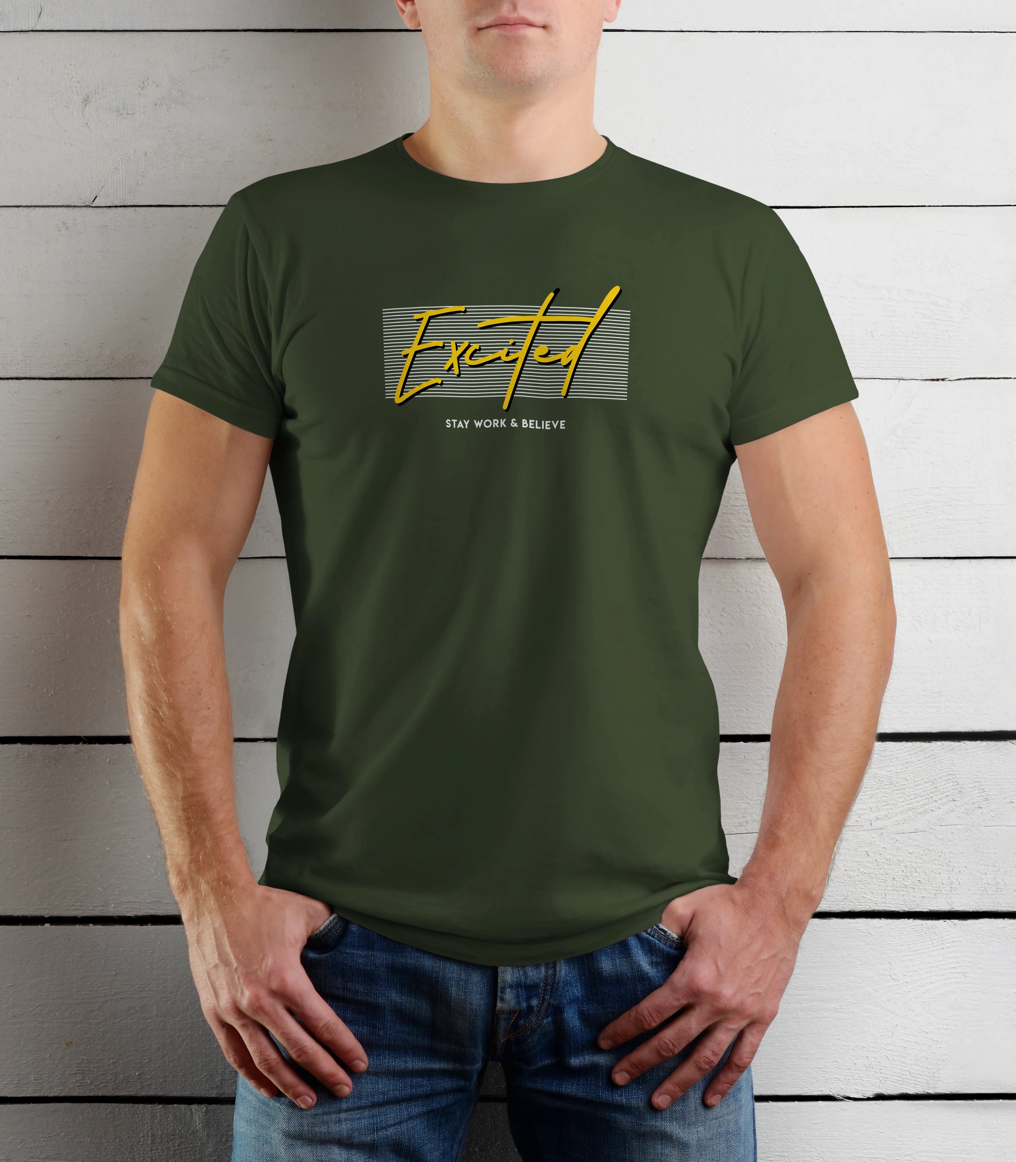 Person wearing a green t-shirt with 'Excited' graphic design against a wooden background