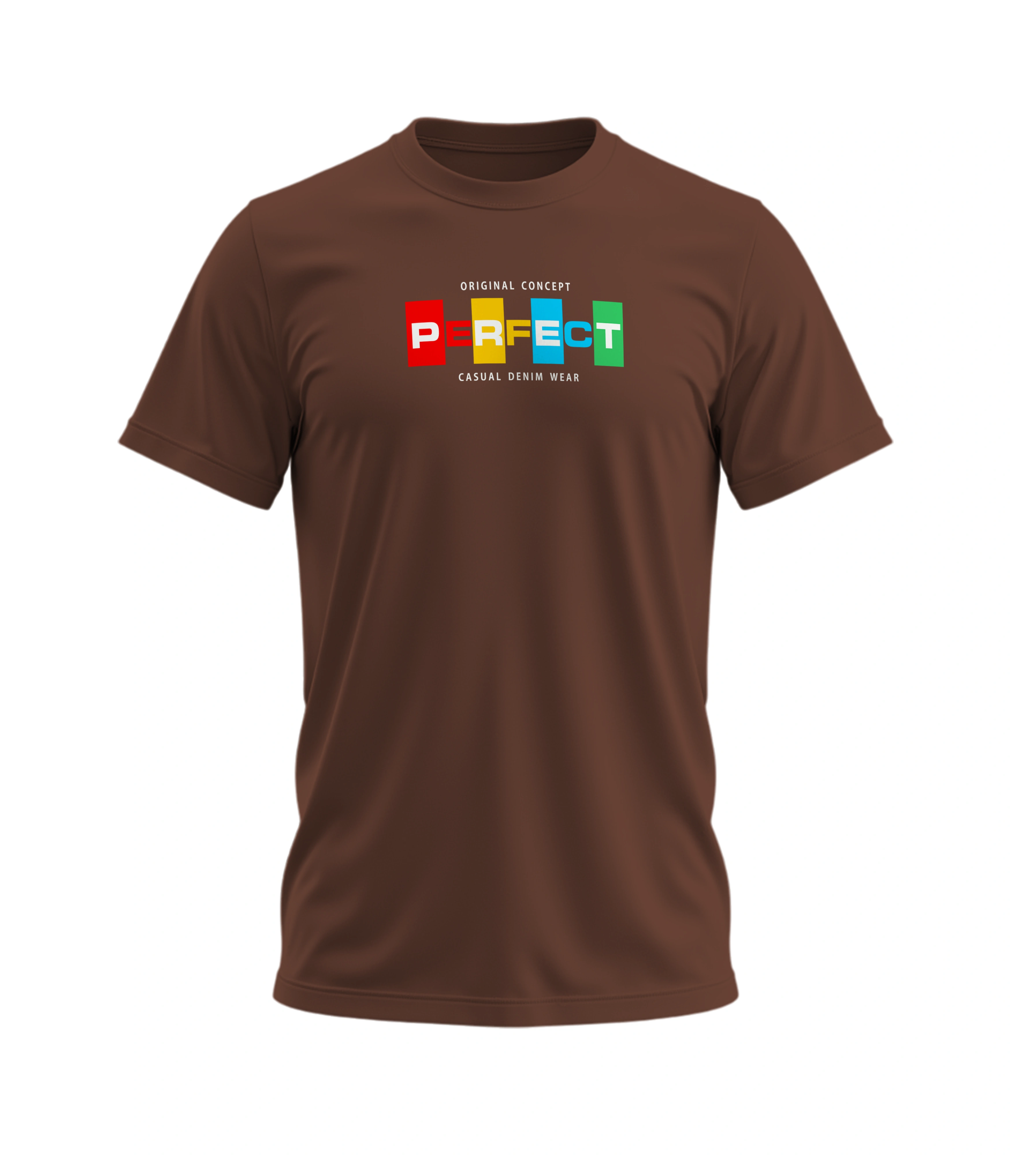 Brown t-shirt with colorful logo on a white background