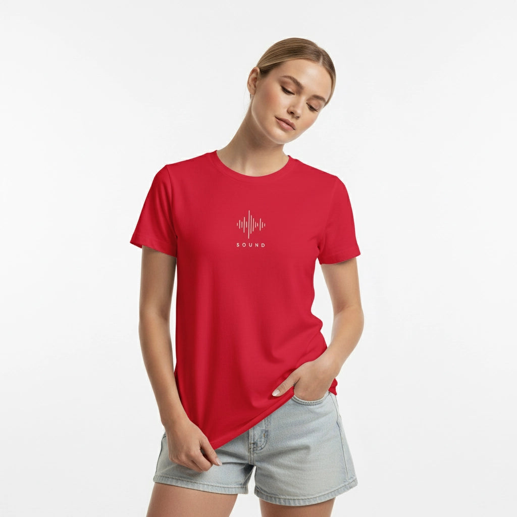 Person wearing a red t-shirt with a white graphic design on a white background