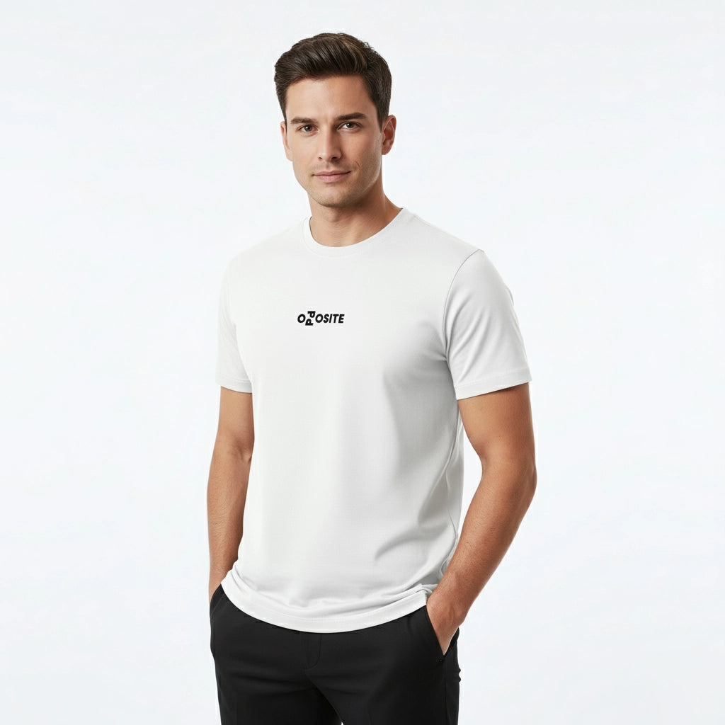 Man wearing a white t-shirt with a logo on a light gray background