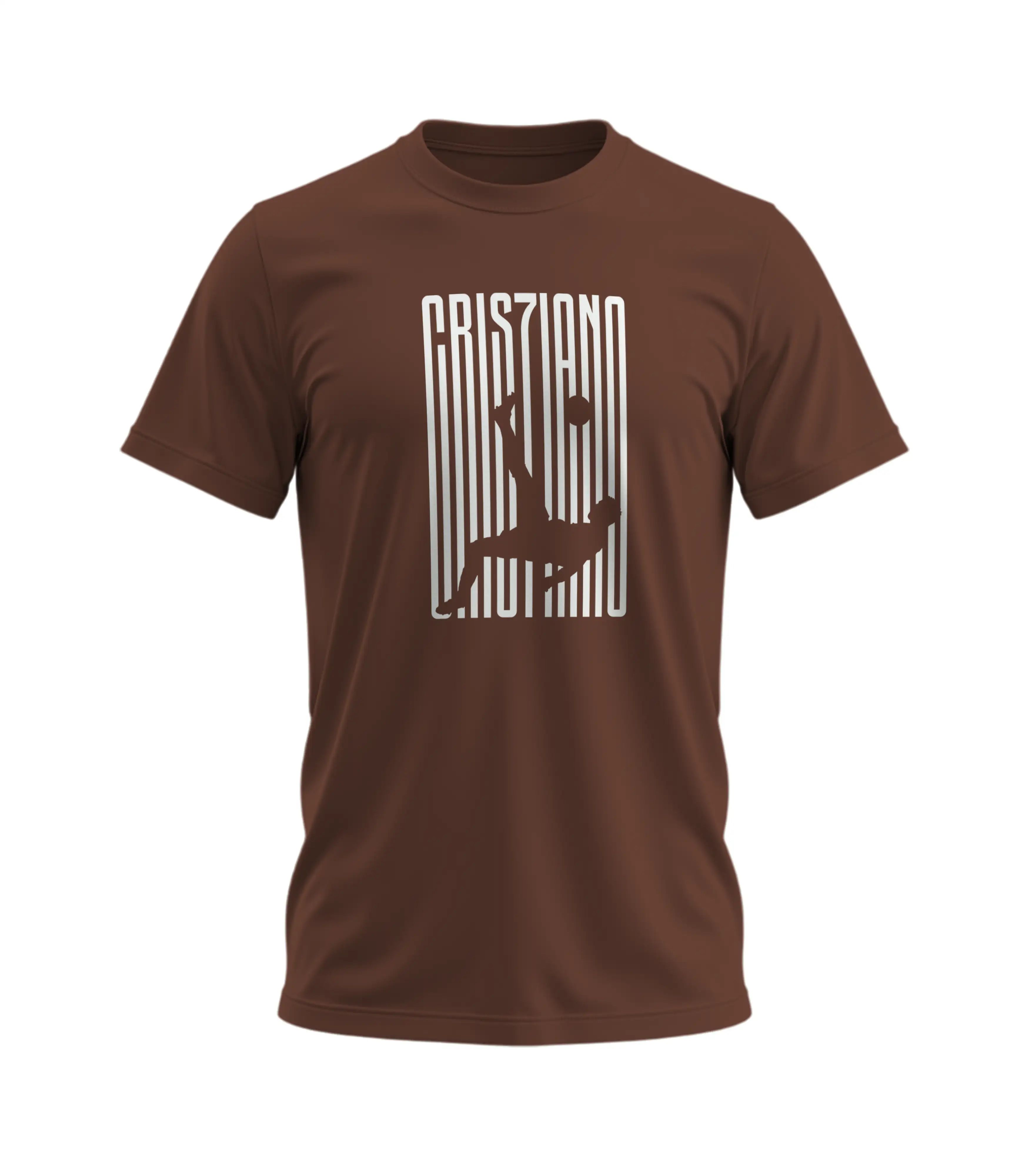 Brown t-shirt with white graphic design on a white background