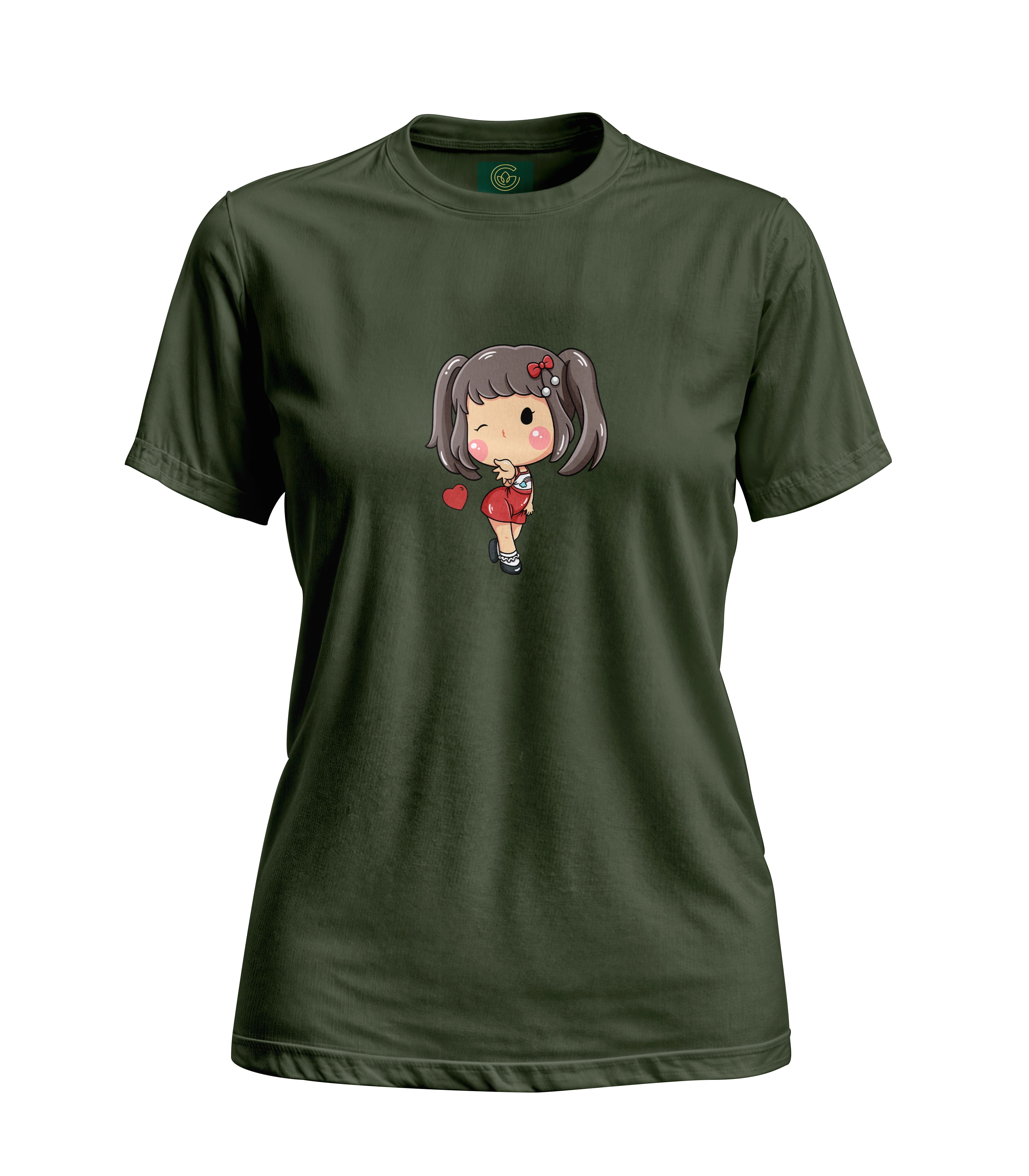Green t-shirt with a cartoon character on a white background
