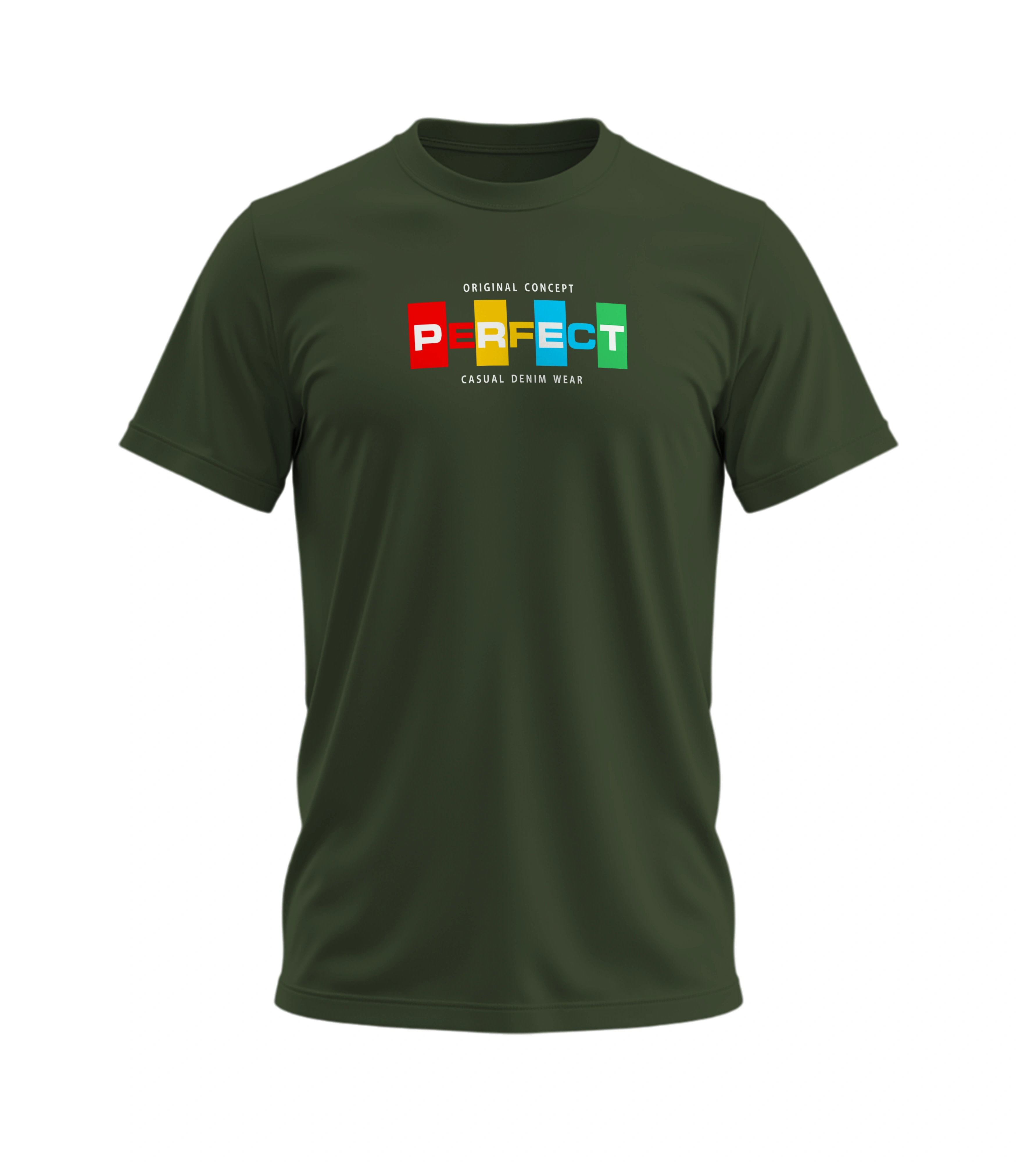 Green t-shirt with colorful 'PERFECT' logo on a white background