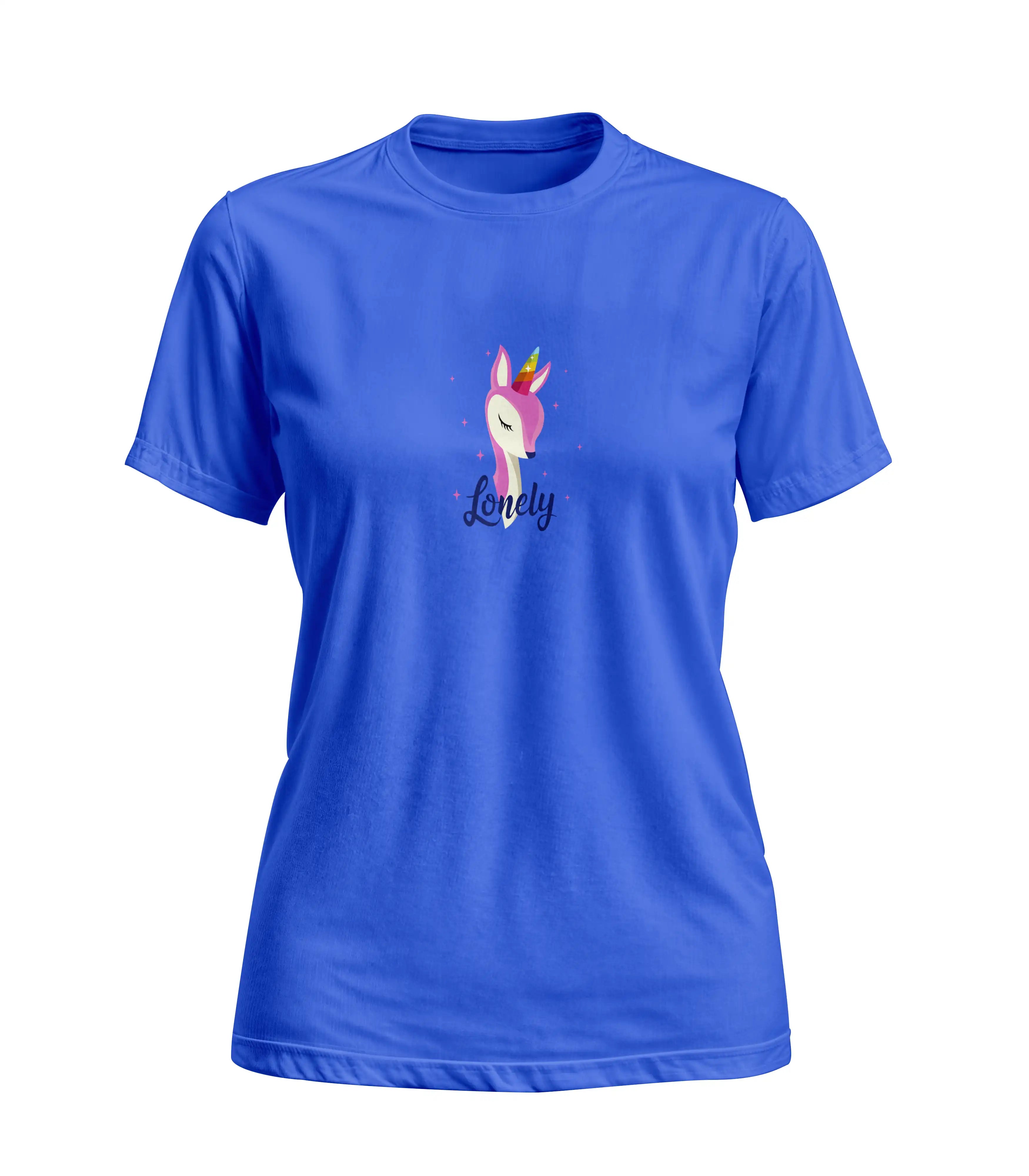 Blue t-shirt with a colorful graphic and text on a white background