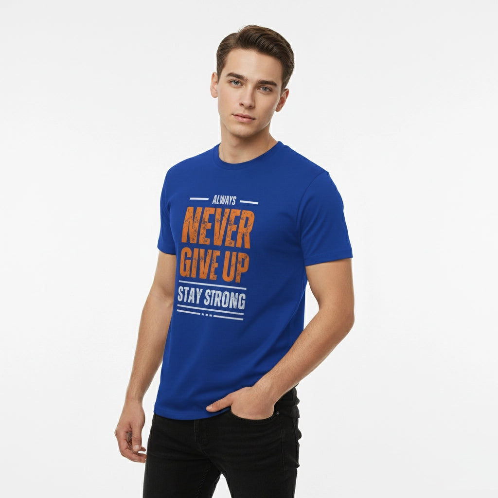 Man wearing a blue t-shirt with motivational text on a white background