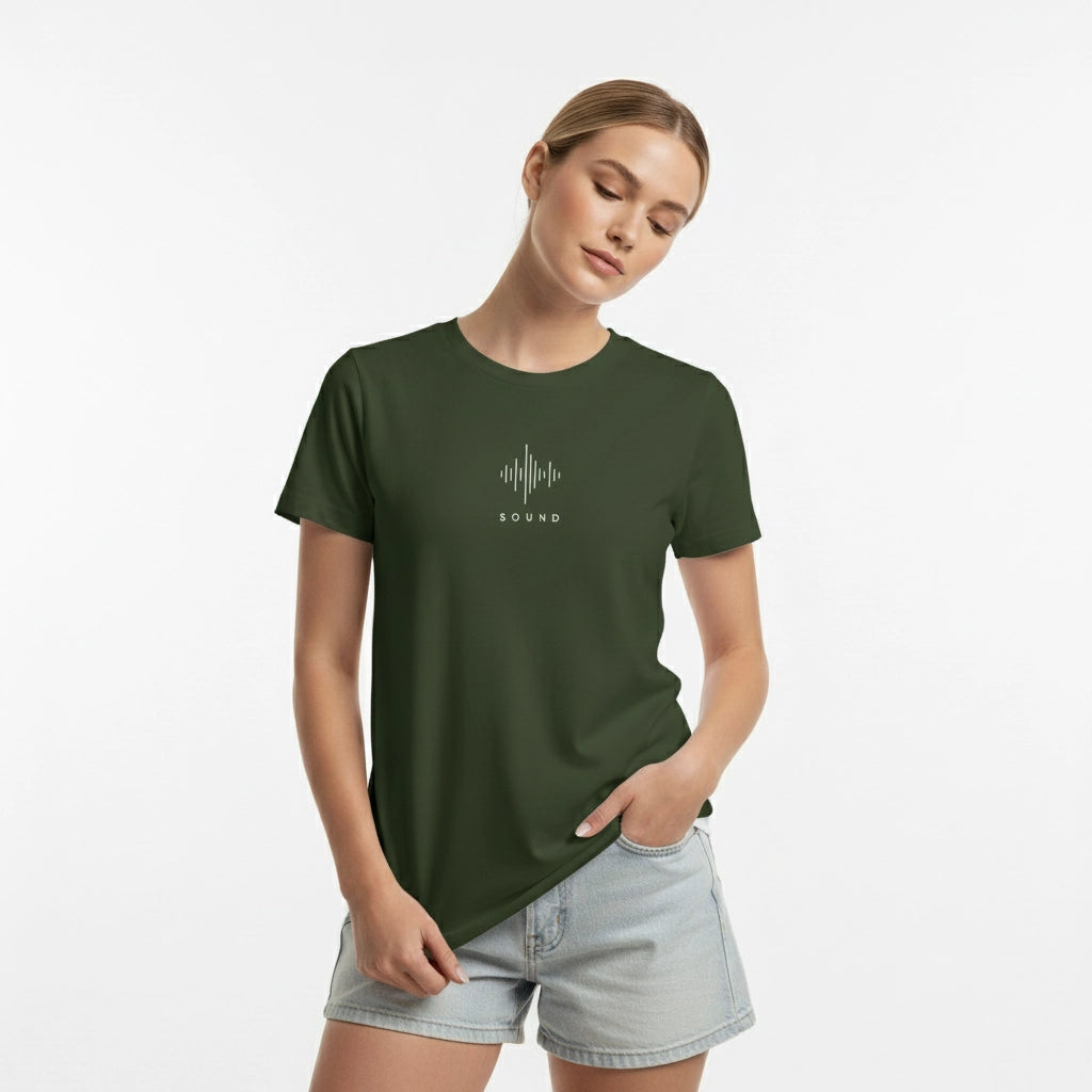 Woman wearing a green t-shirt with a white graphic design on a white background