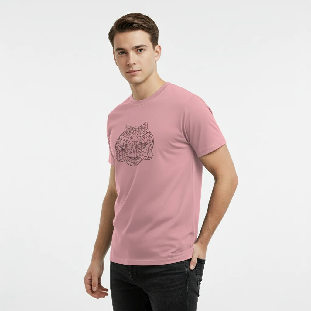 Man wearing a pink t-shirt with a graphic design on a white background