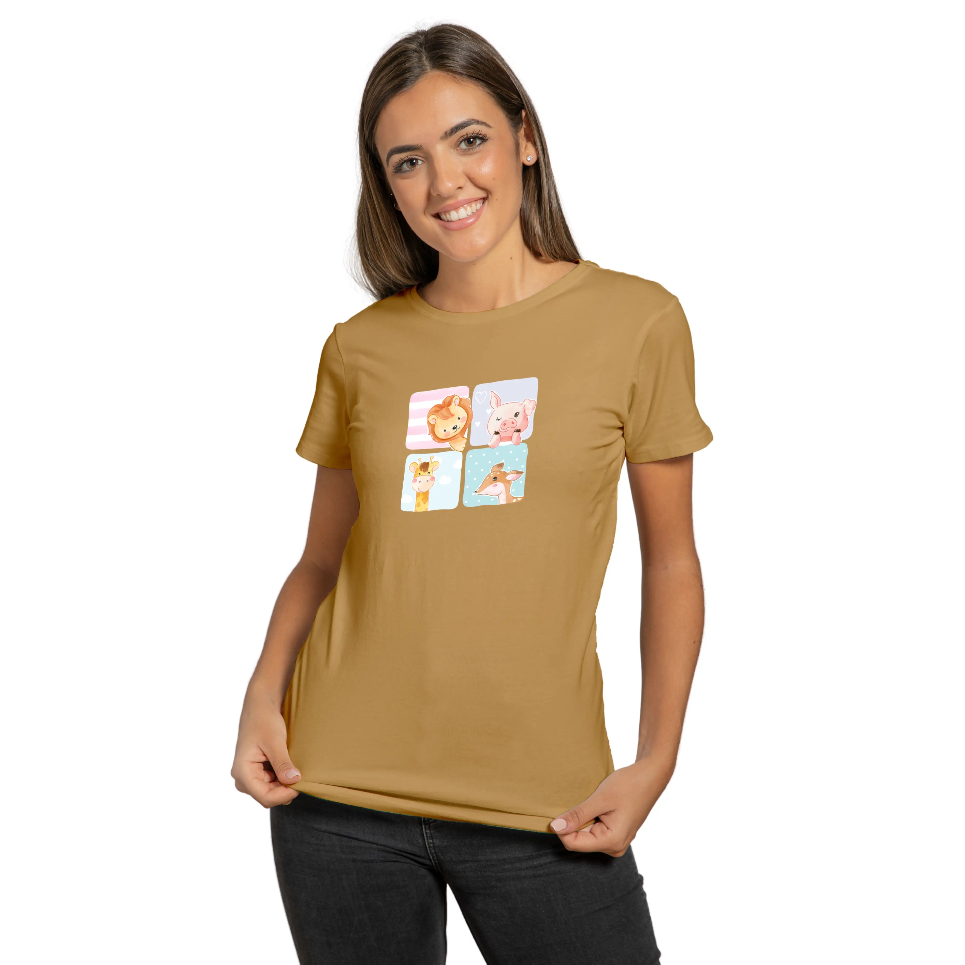 Woman wearing a tan t-shirt with a graphic design on a white background