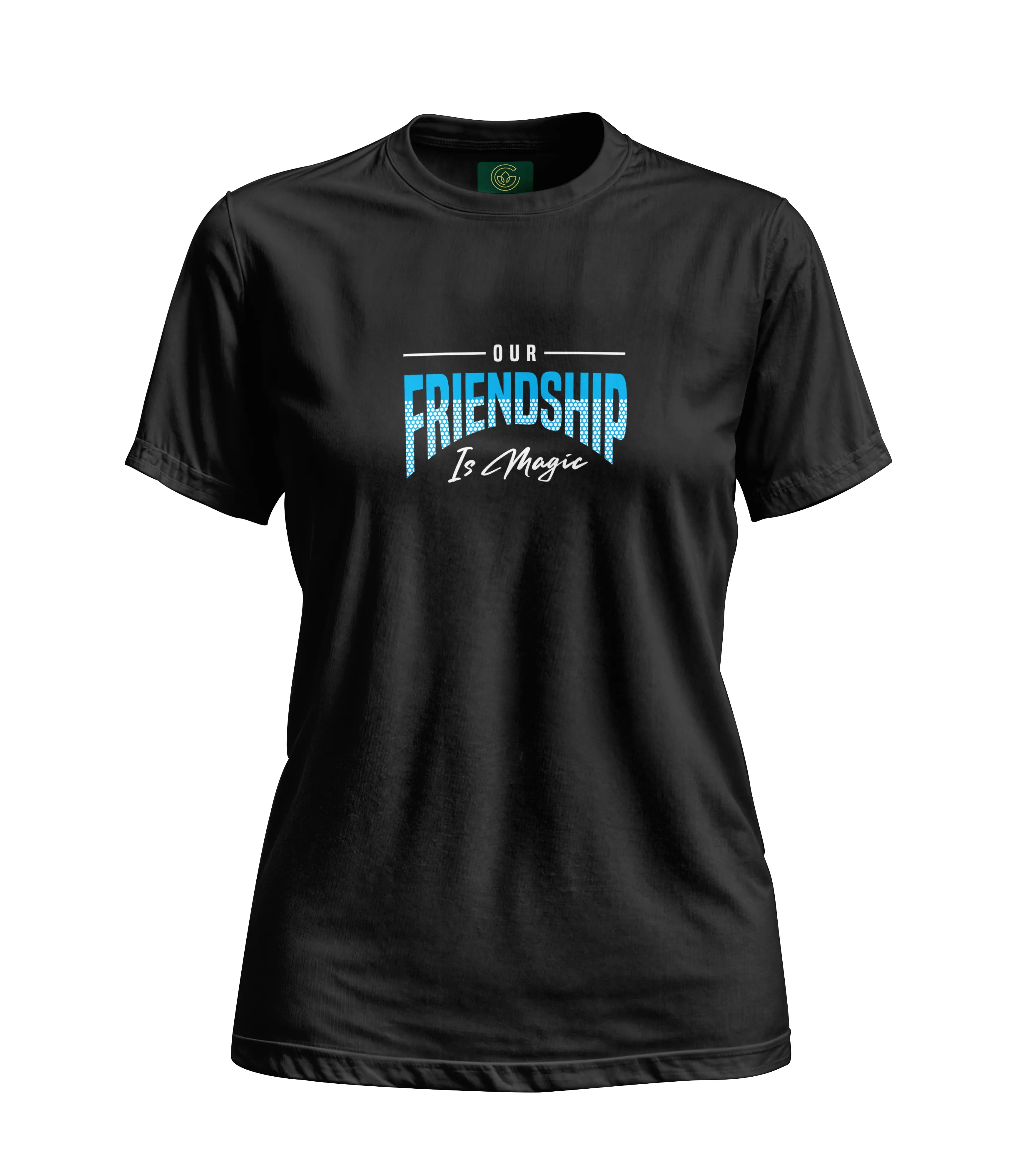 Black t-shirt with 'Our Friendship Is Magic' text on a white background