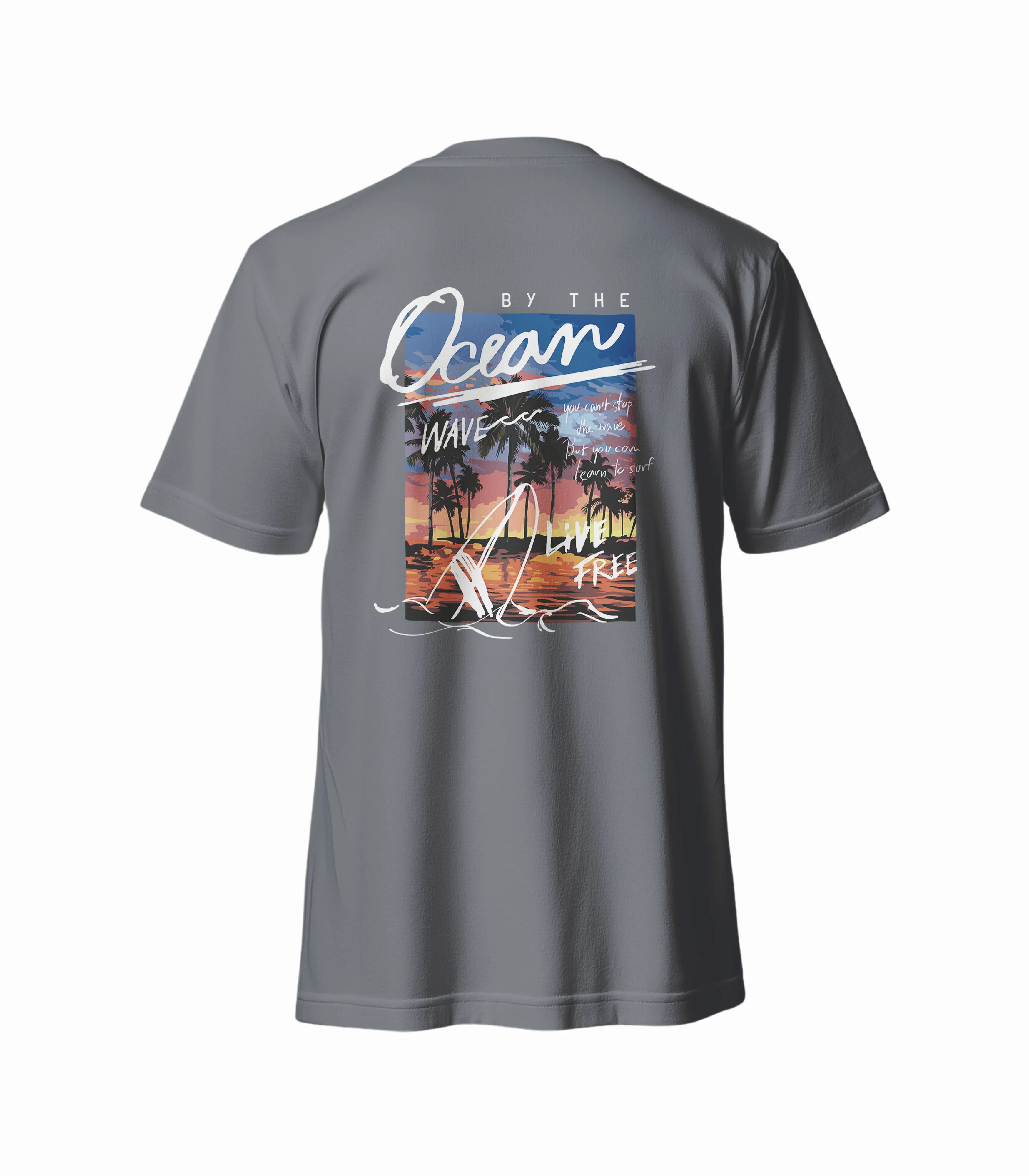 Gray t-shirt with a beach-themed graphic on the back against a white background