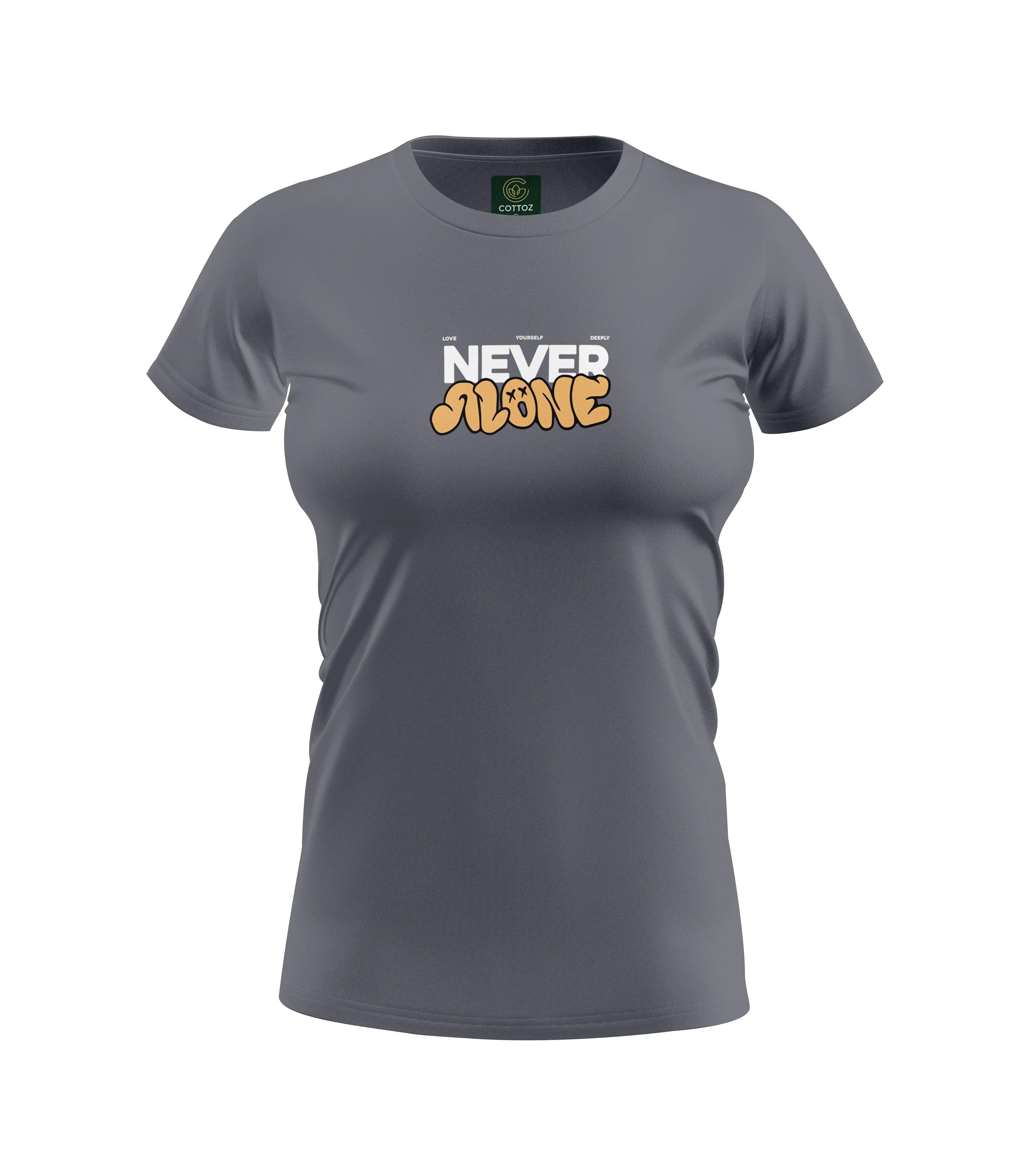 Gray t-shirt with 'Never Alone' text on a white background